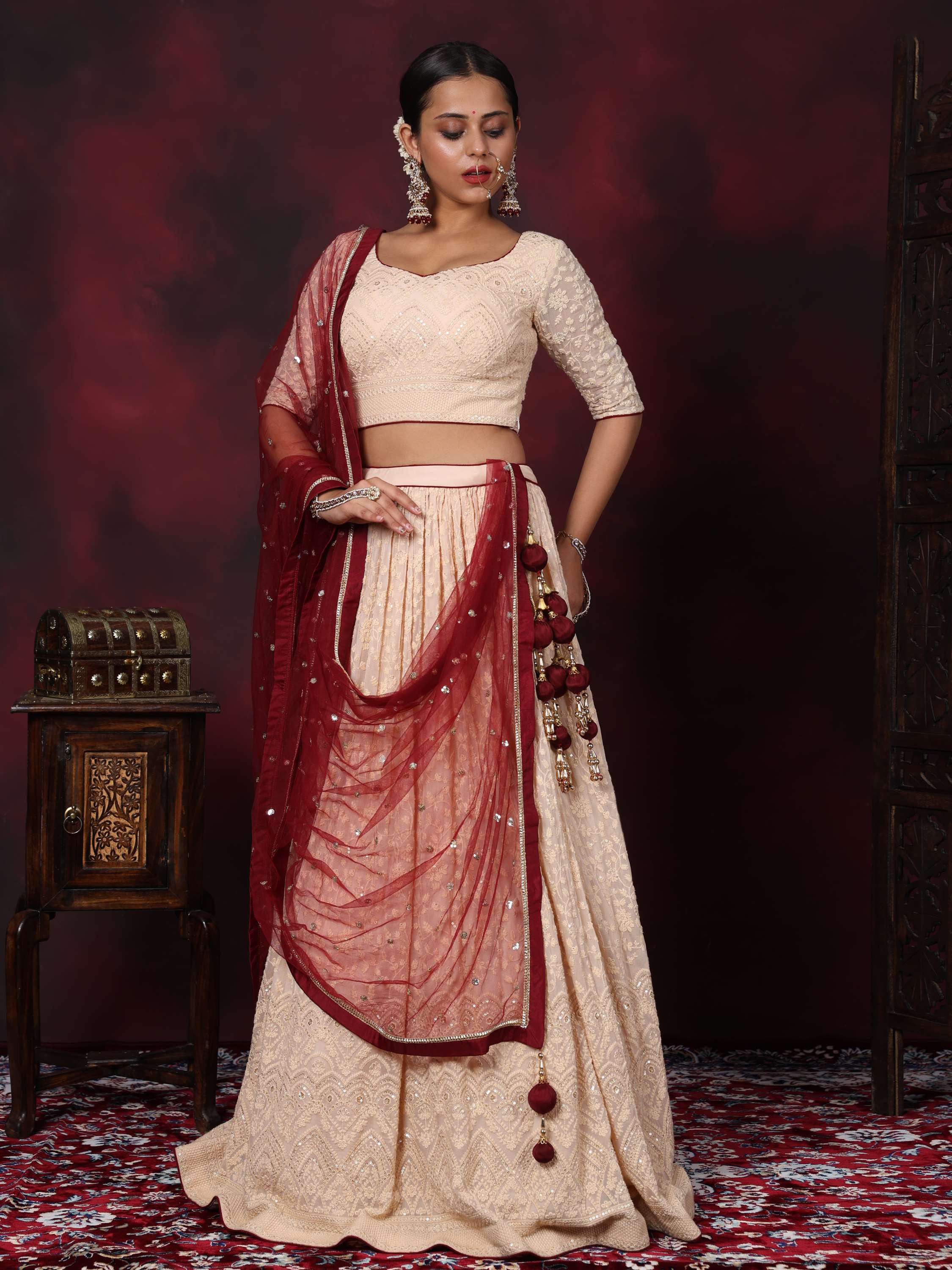 Beige & Maroon Embroidered Lehenga Set