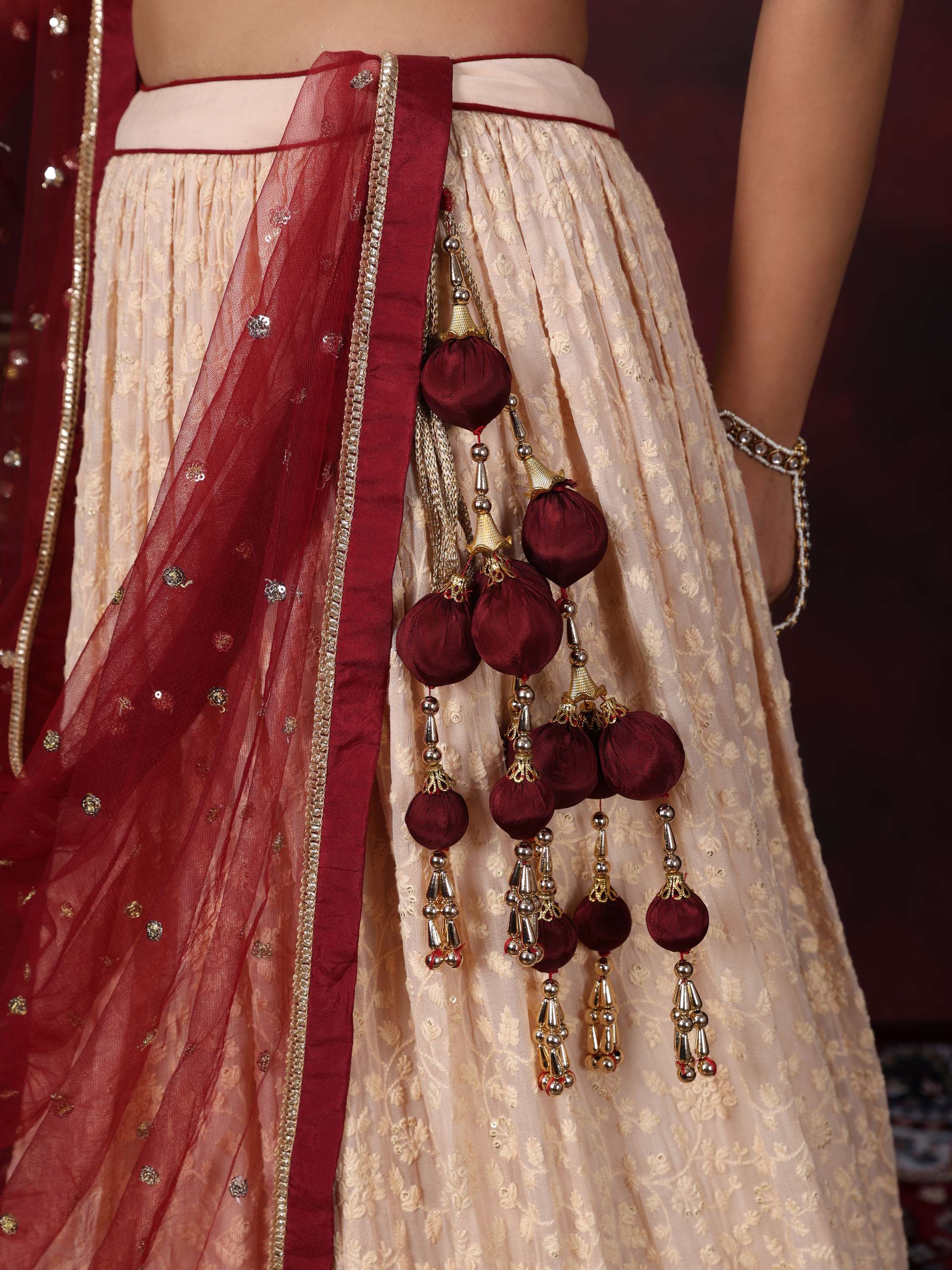 Beige & Maroon Embroidered Lehenga Set