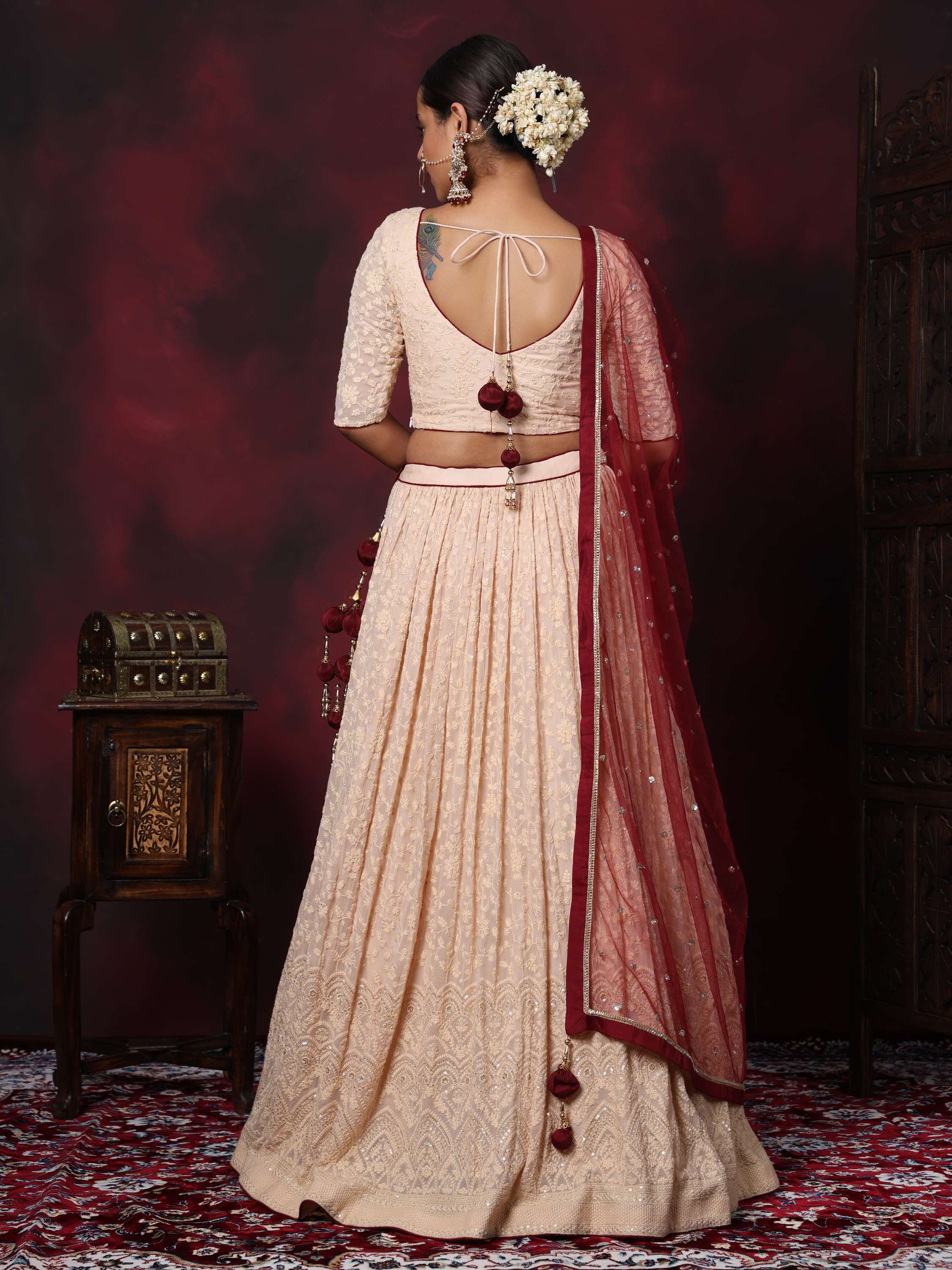 Beige & Maroon Embroidered Lehenga Set
