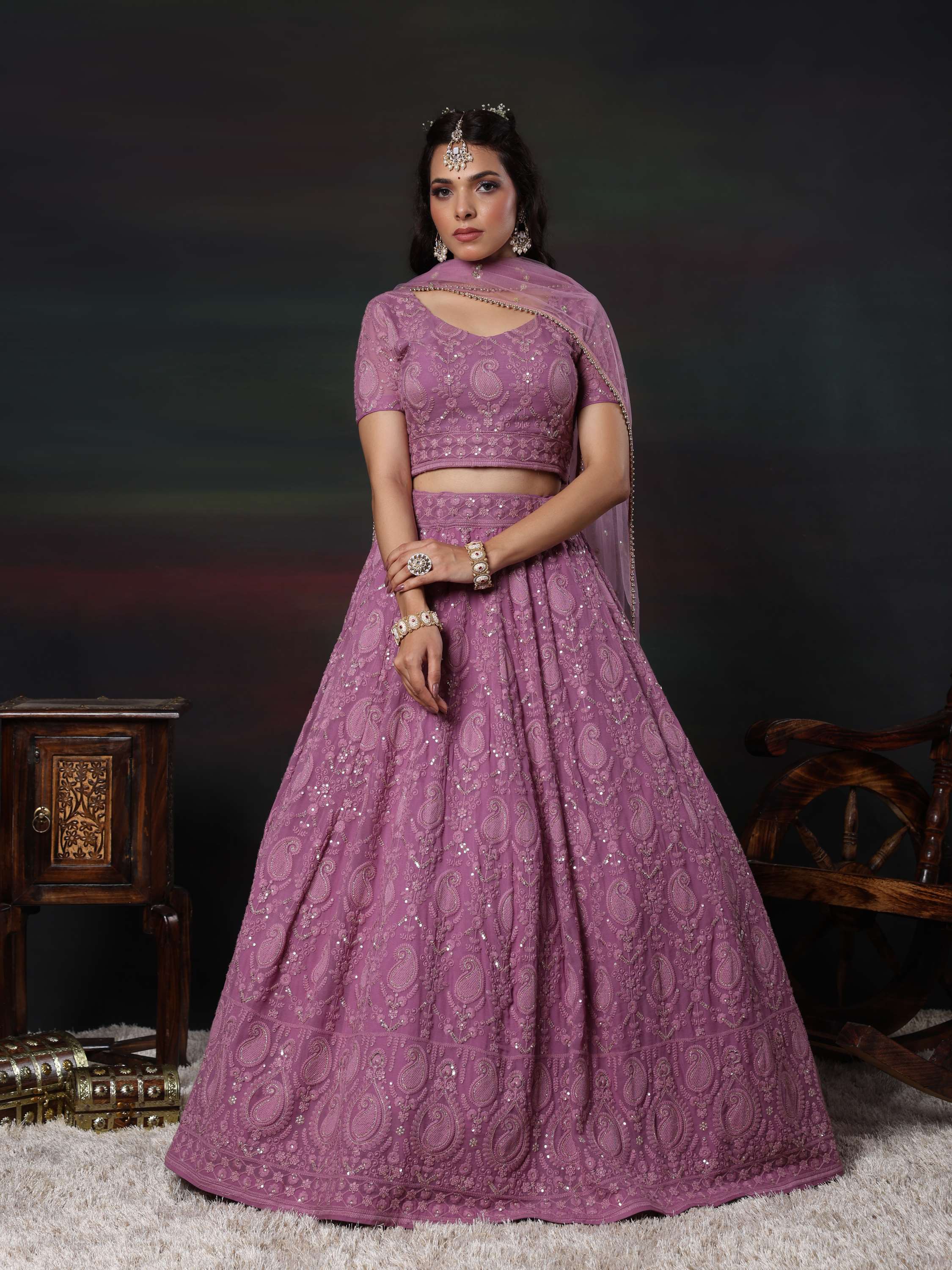 Purple Ink Embroidered Paisley Lehenga Set