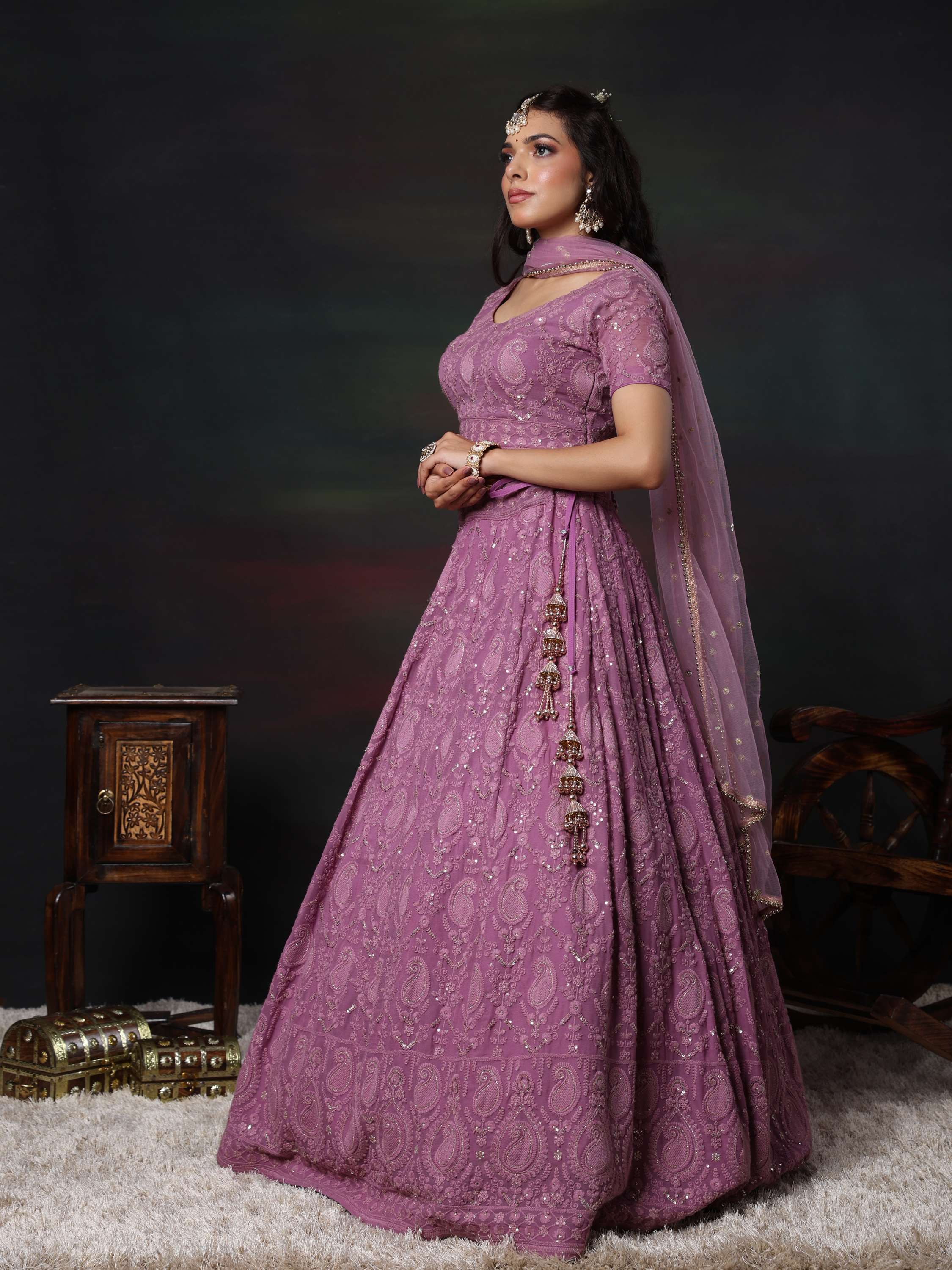Purple Ink Embroidered Paisley Lehenga Set