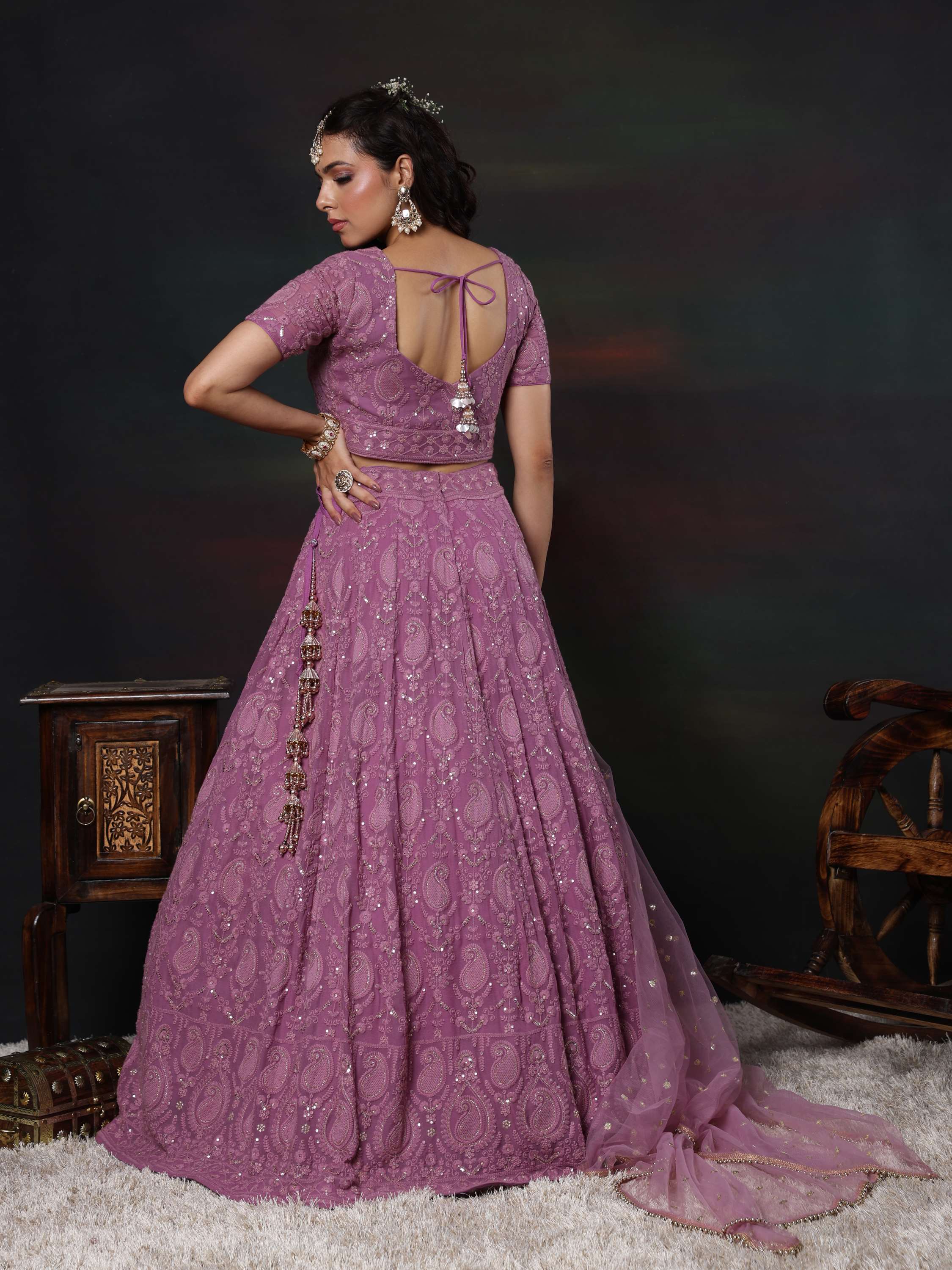 Purple Ink Embroidered Paisley Lehenga Set