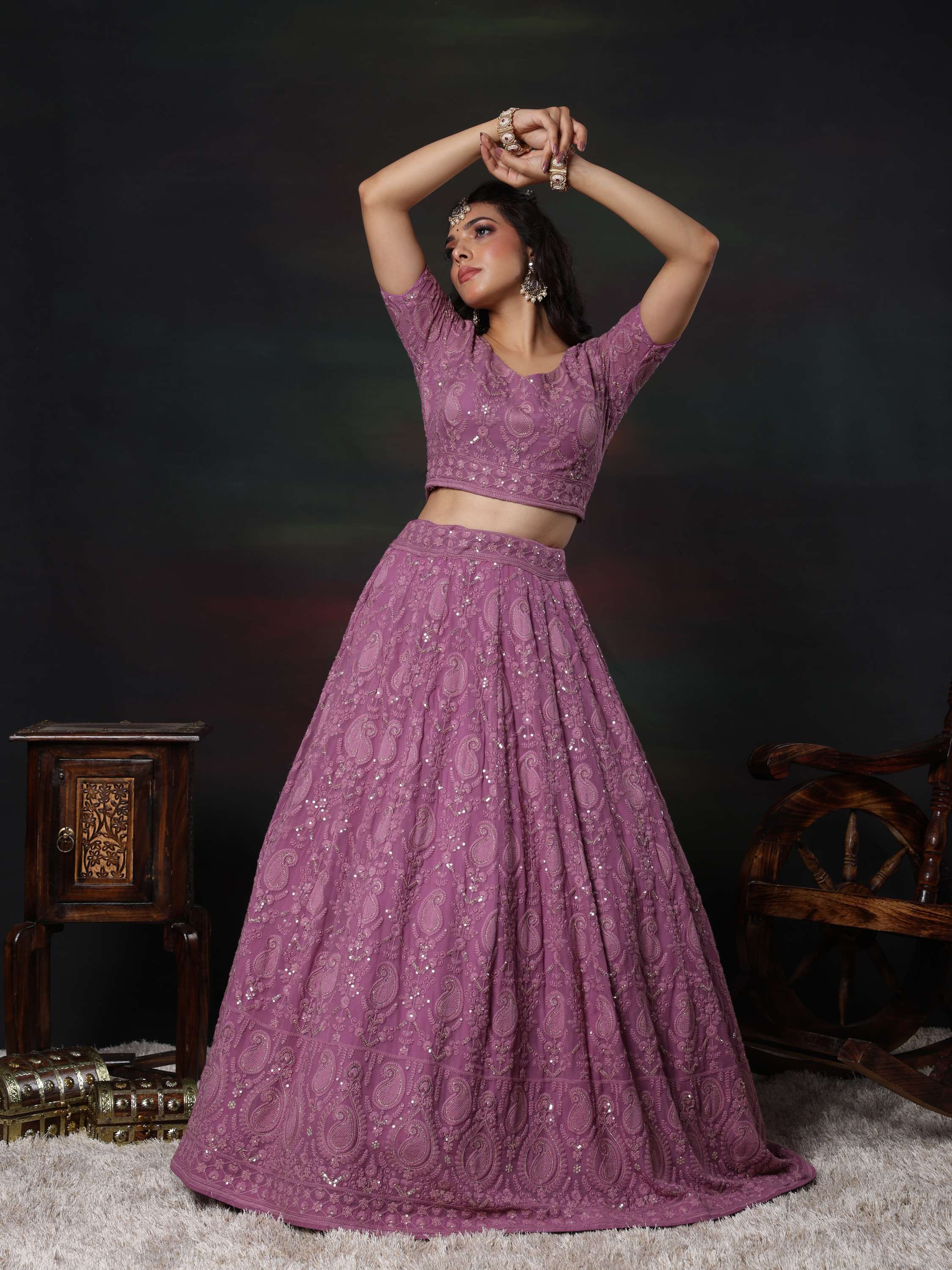 Purple Ink Embroidered Paisley Lehenga Set