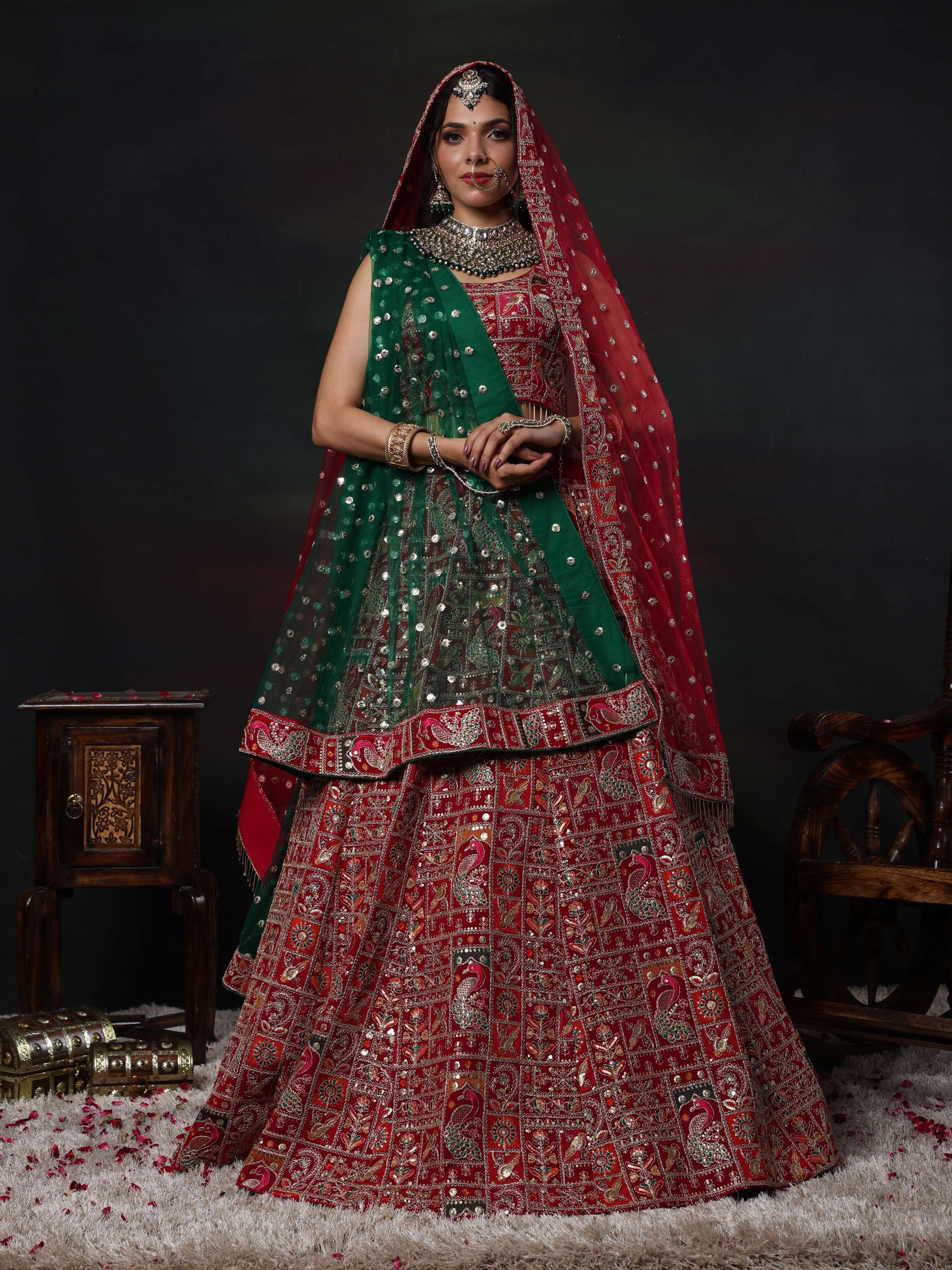 Riya Nagpal Red & Green Zardozi Embroidered Lehenga Set