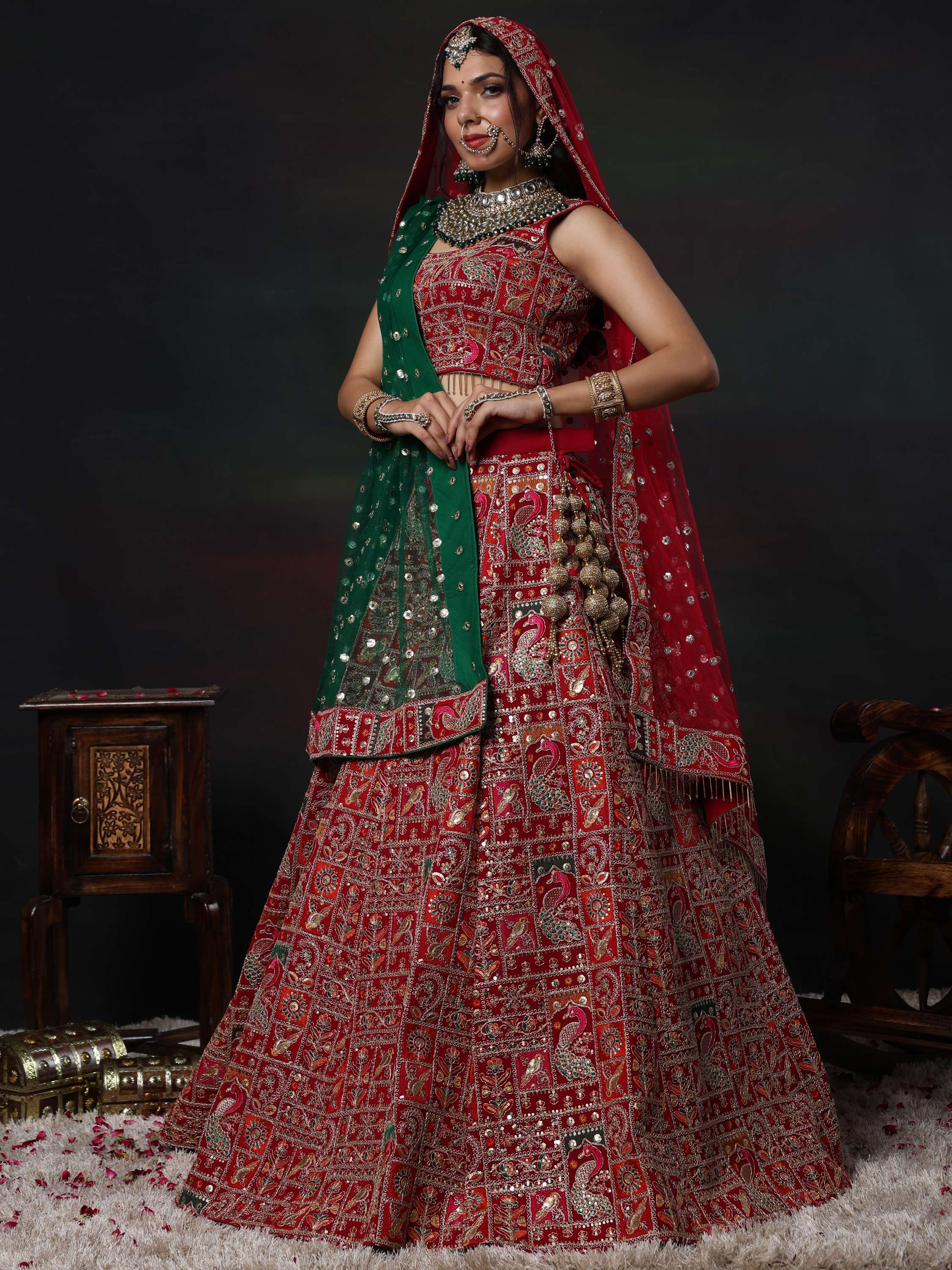 Riya Nagpal Red & Green Zardozi Embroidered Lehenga Set