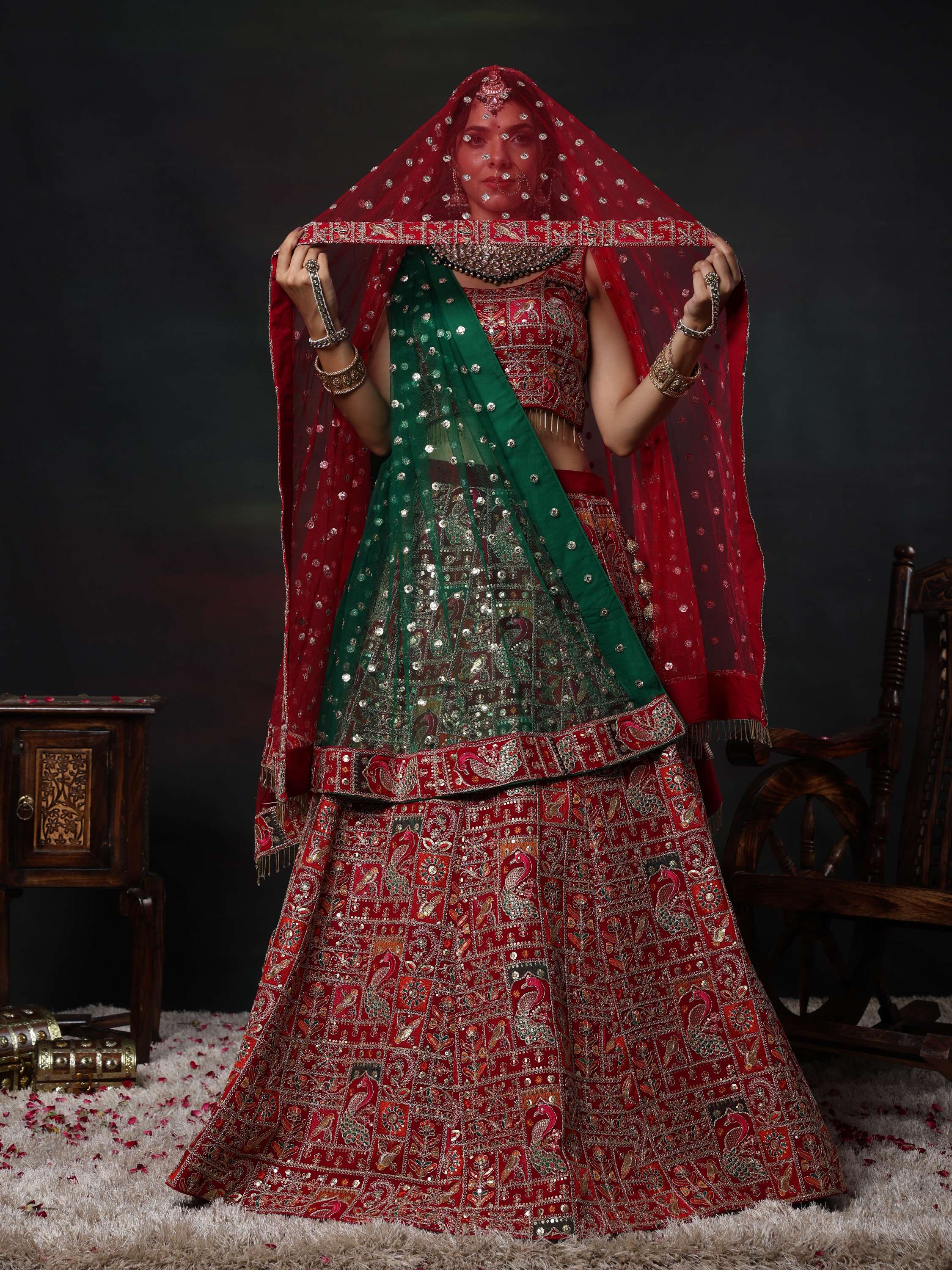 Riya Nagpal Red & Green Zardozi Embroidered Lehenga Set
