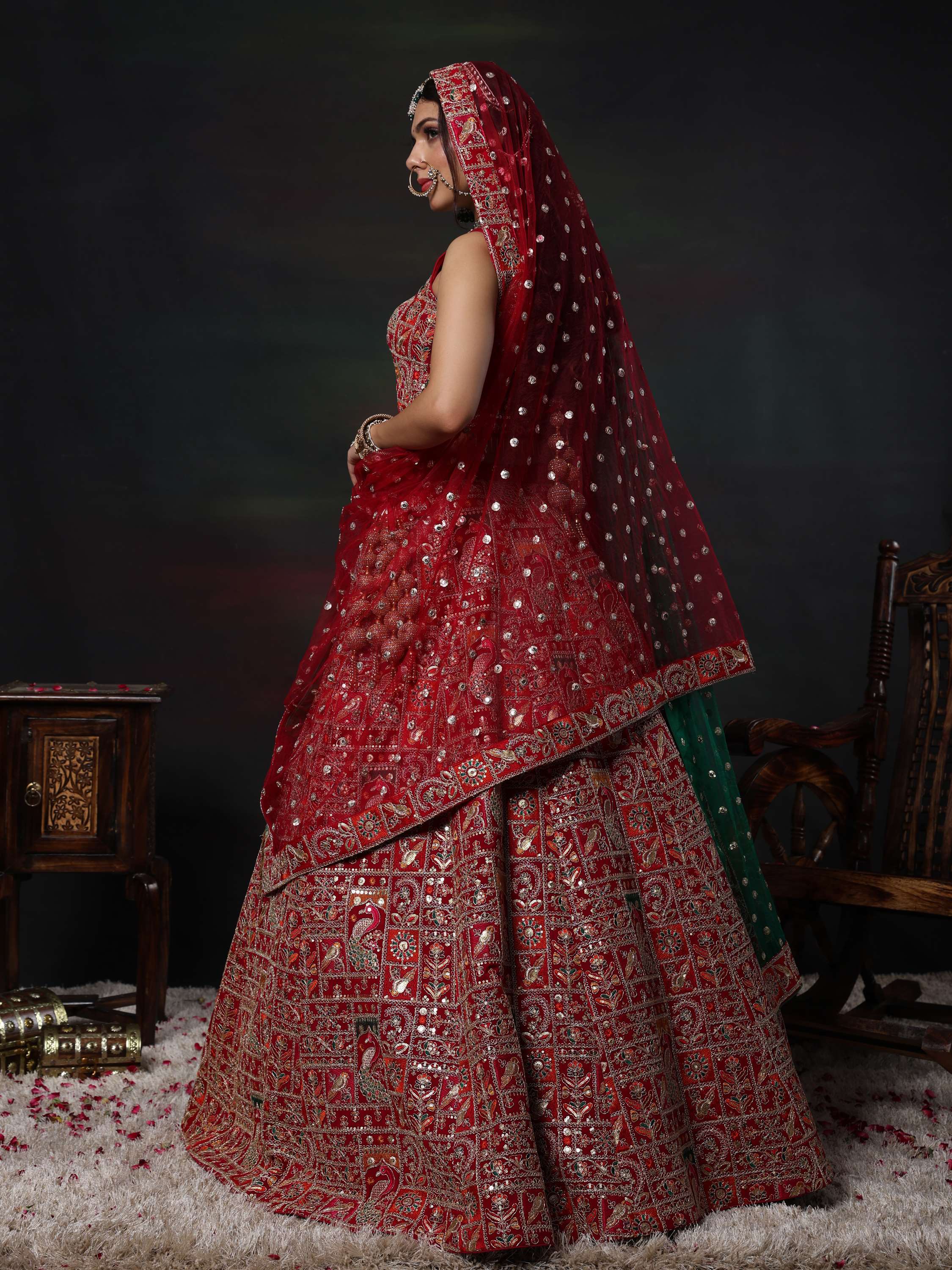 Riya Nagpal Red & Green Zardozi Embroidered Lehenga Set