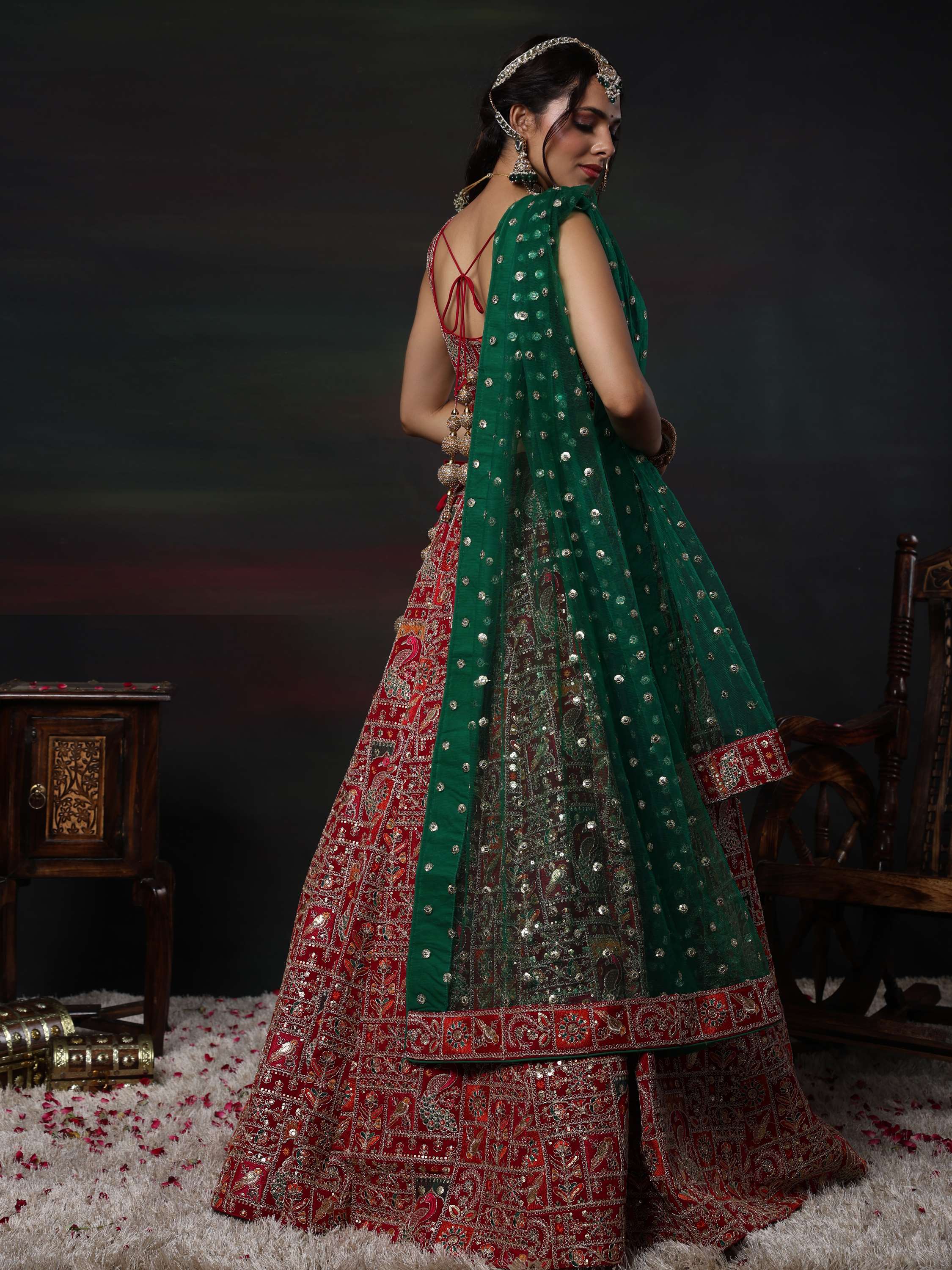 Riya Nagpal Red & Green Zardozi Embroidered Lehenga Set
