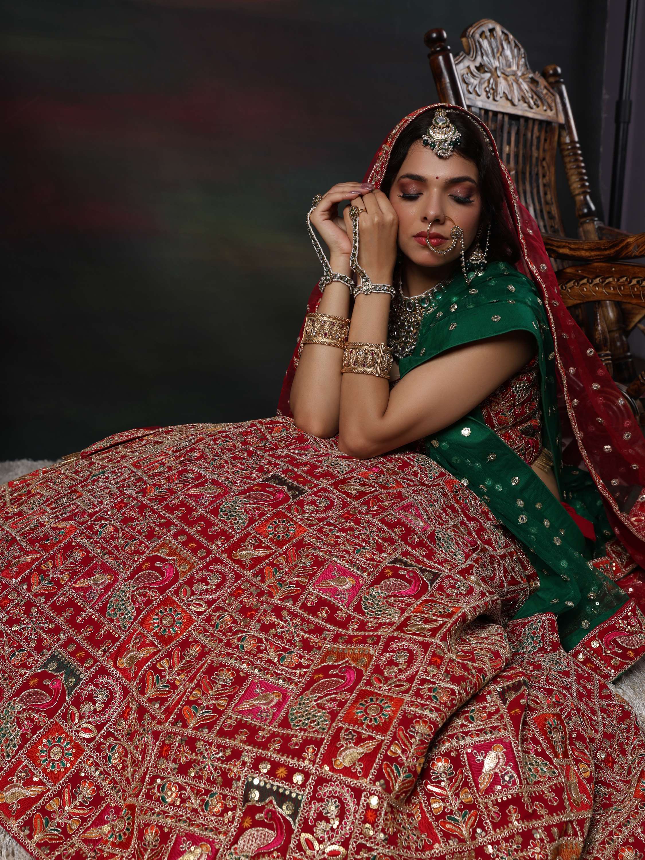 Riya Nagpal Red & Green Zardozi Embroidered Lehenga Set