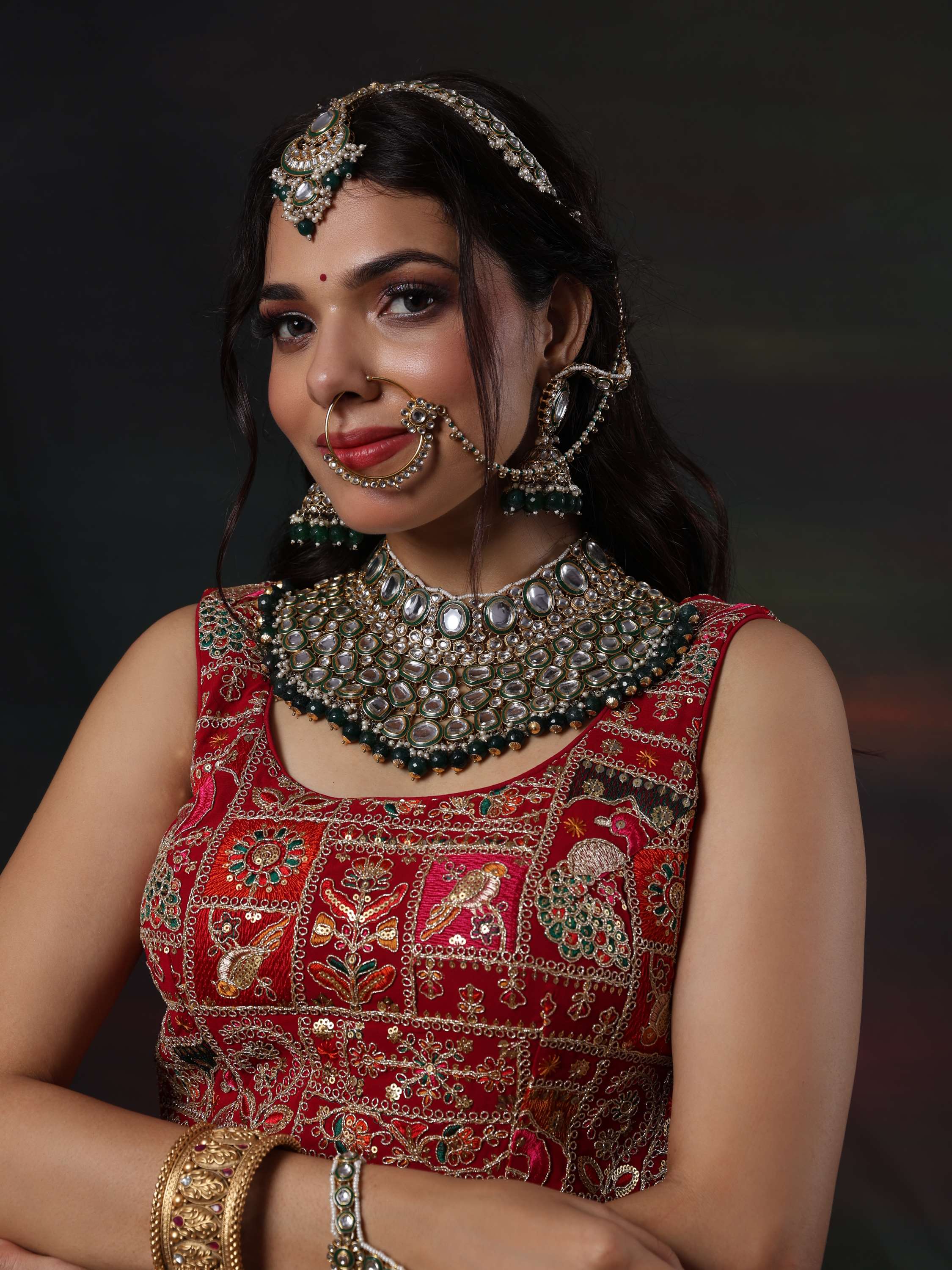 Riya Nagpal Red & Green Zardozi Embroidered Lehenga Set