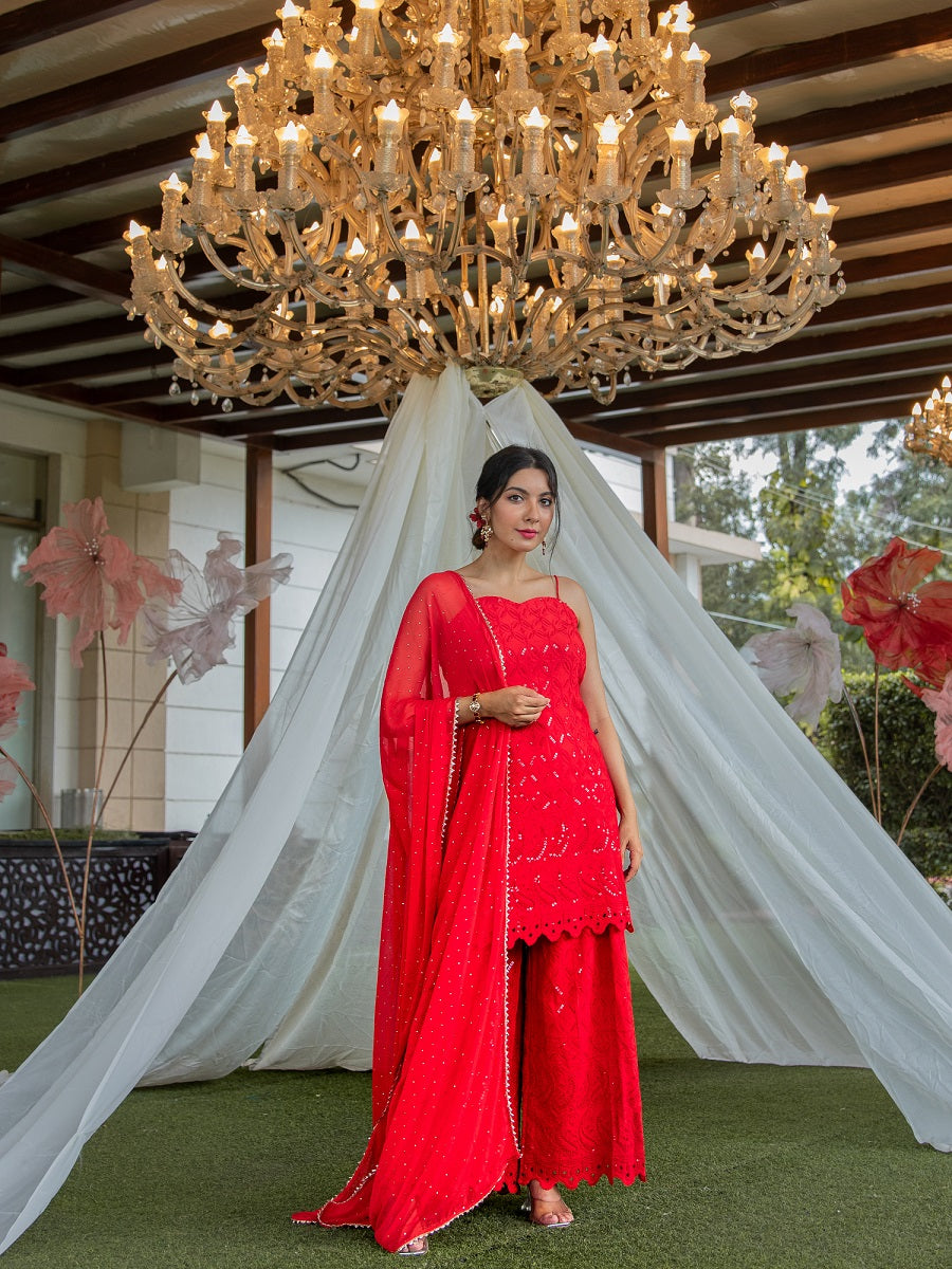 Niki Mehra's rayon schiffly sequin work embellished Red Gharara set & Dupatta