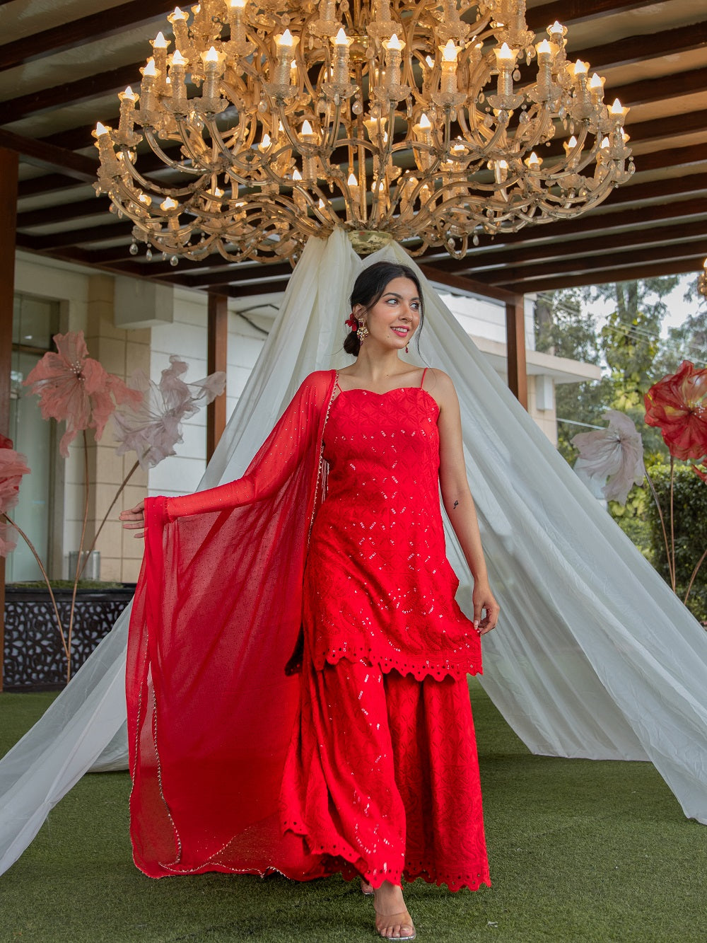 Niki Mehra's rayon schiffly sequin work embellished Red Gharara set & Dupatta