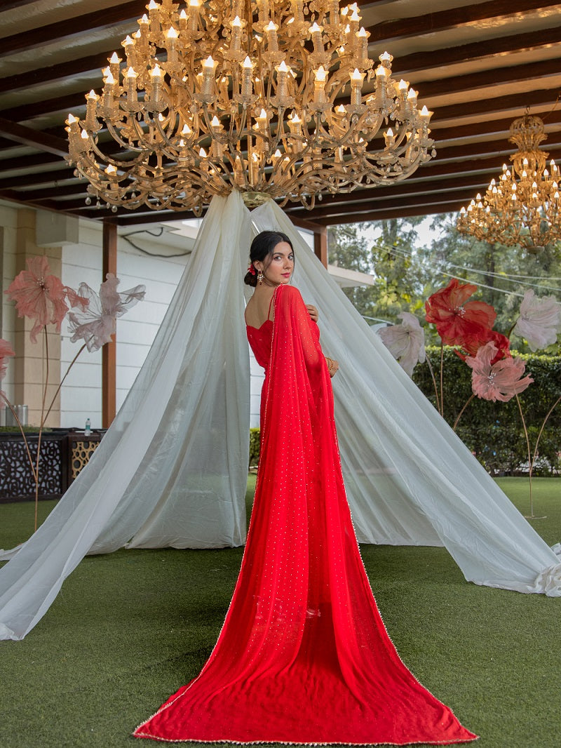 Niki Mehra's rayon schiffly sequin work embellished Red Gharara set & Dupatta