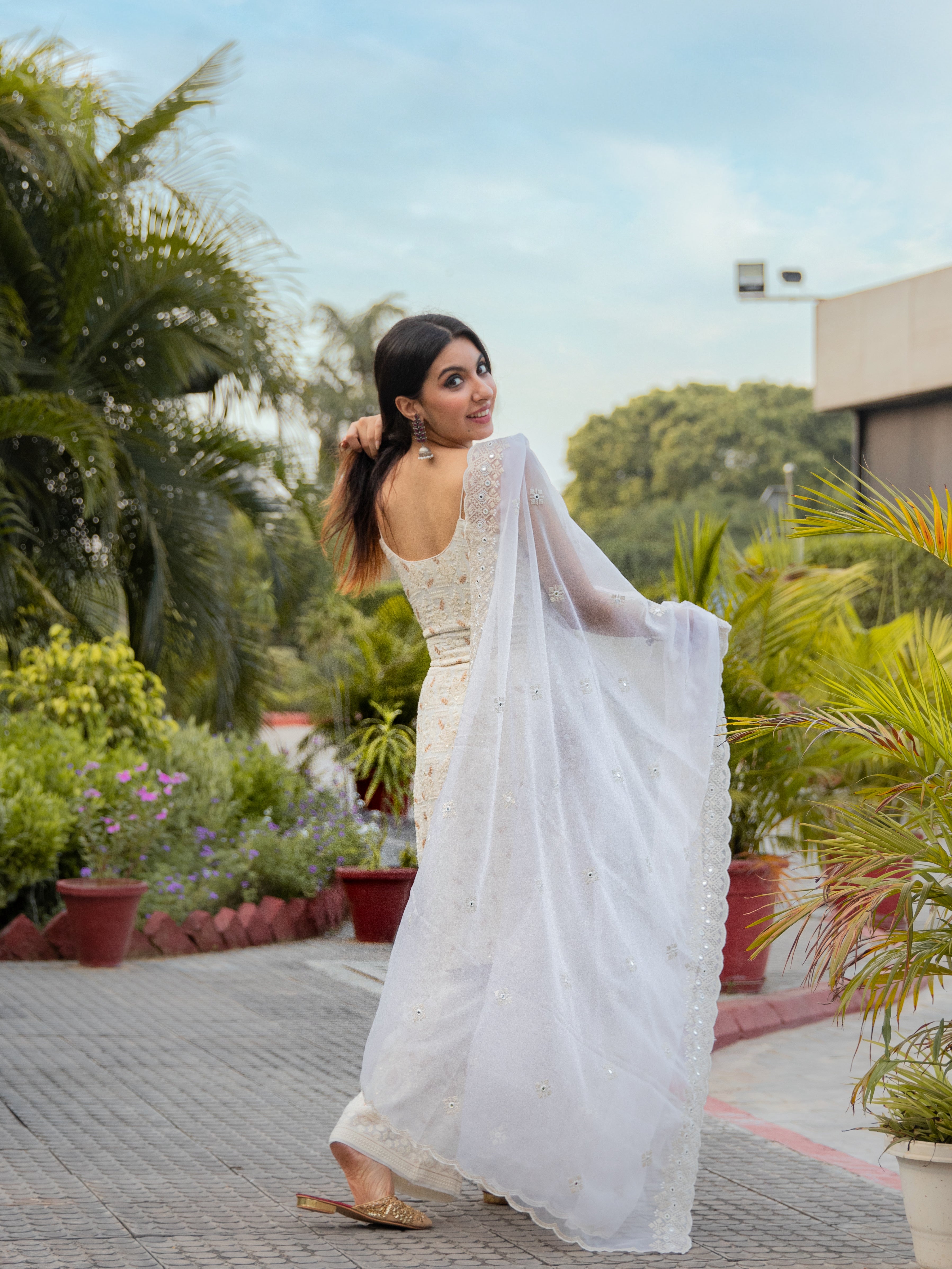 Niki Mehra's georgette chikankari sequin zardozi work embellished White set of 3