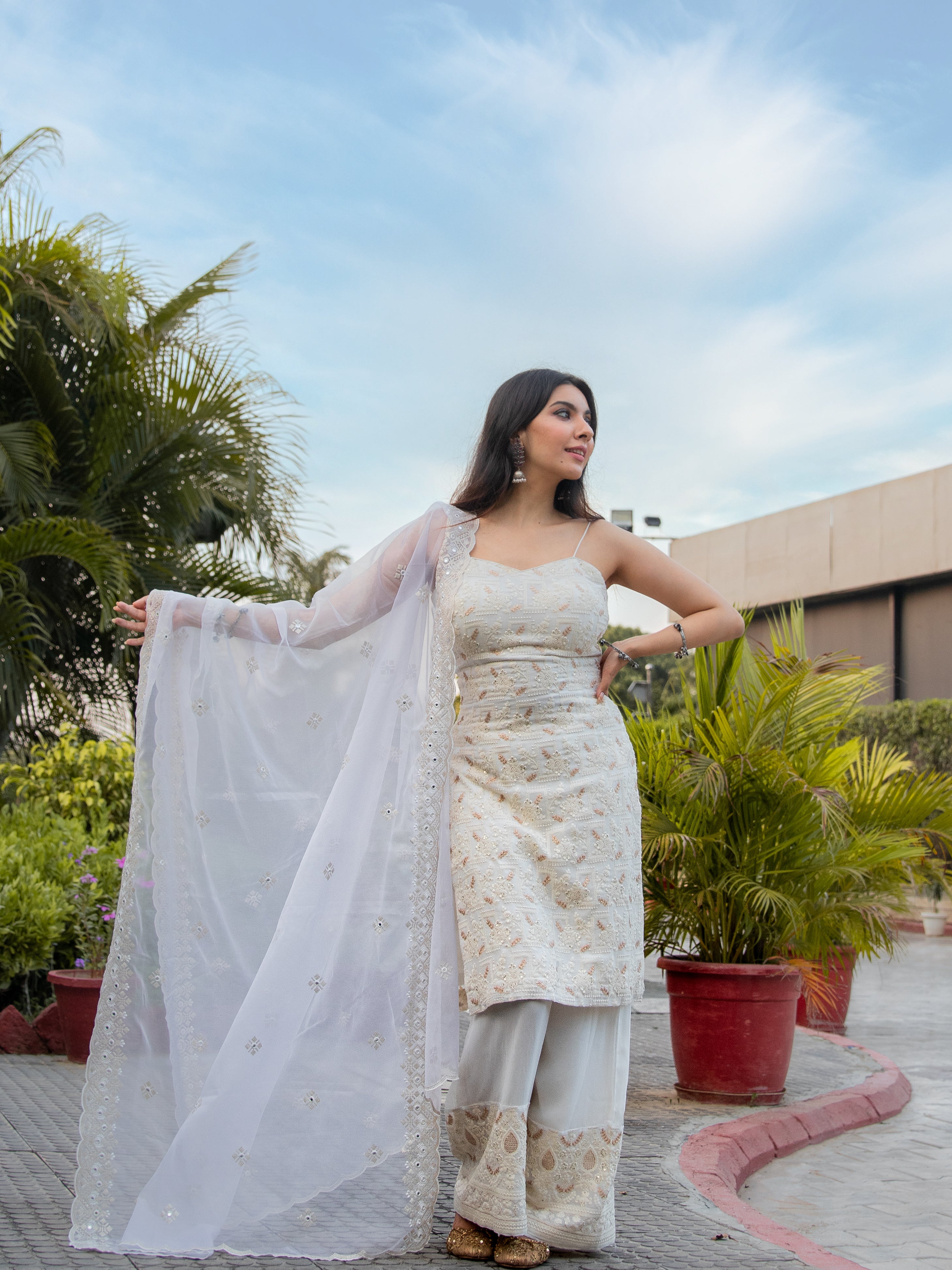 Niki Mehra's georgette chikankari sequin zardozi work embellished White set of 3