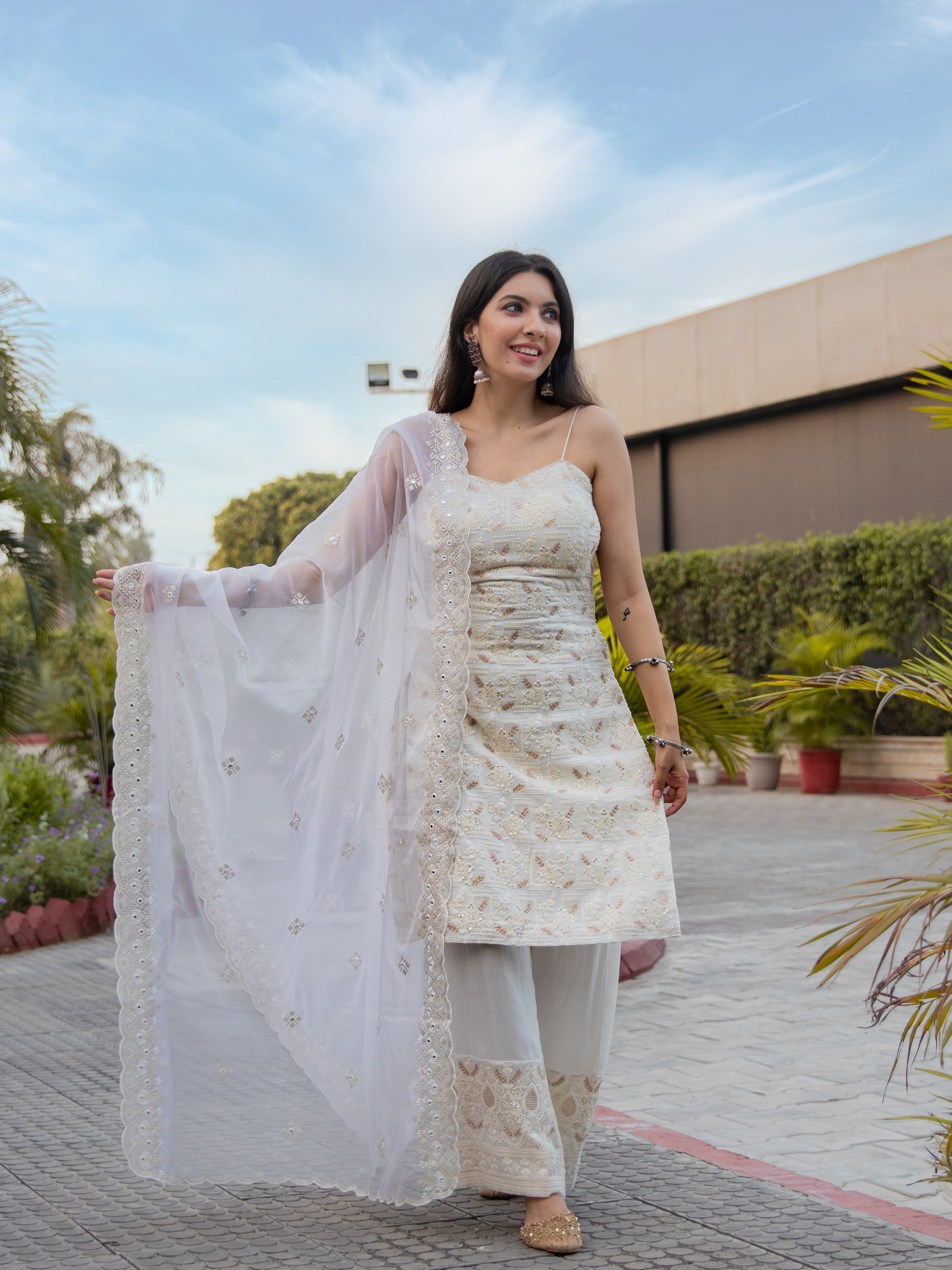 Niki Mehra's georgette chikankari sequin zardozi work embellished White set of 3