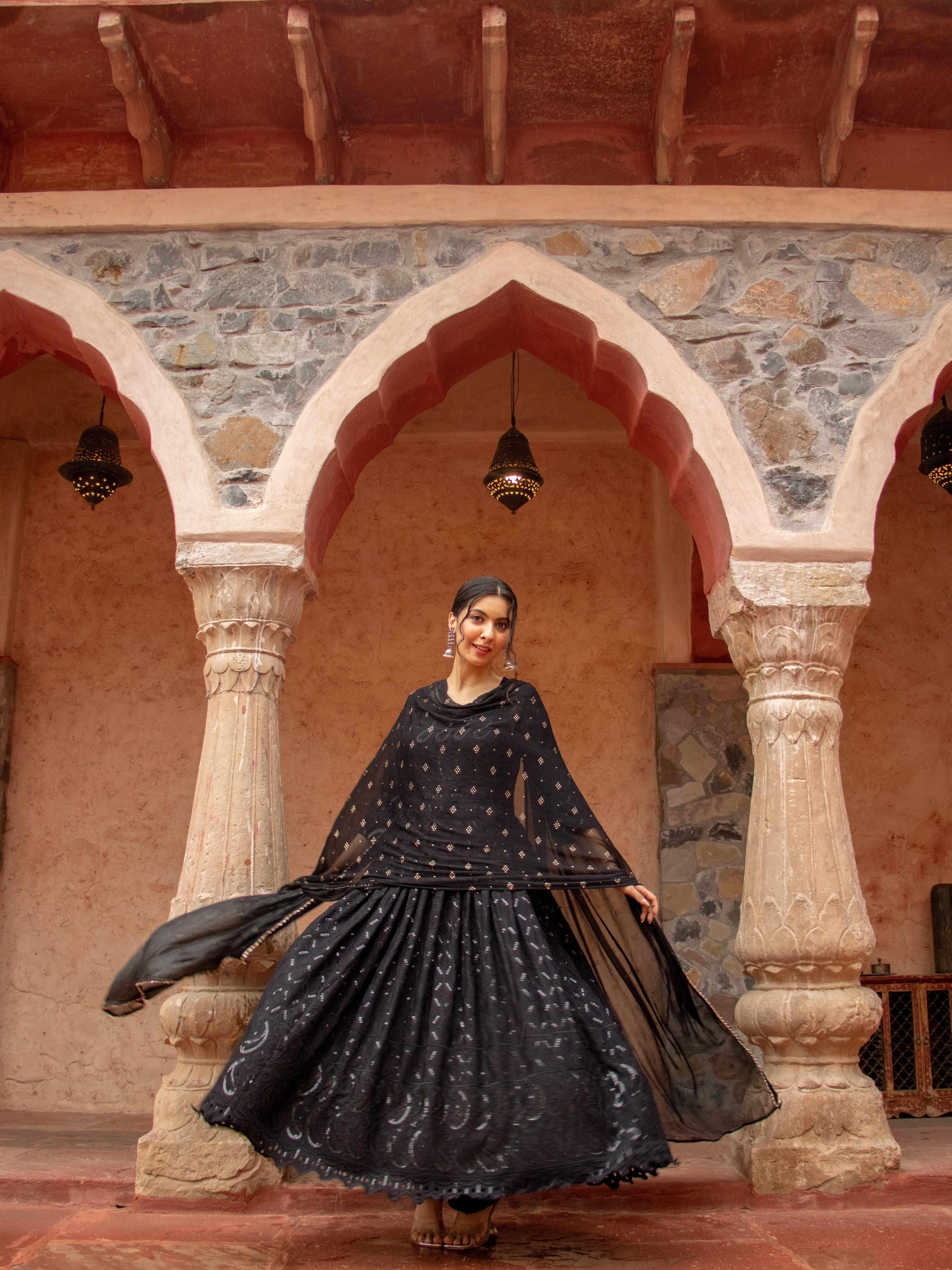 Niki Mehra's Schiffli Chikan Embroidered Rayon Anarkali Set with Sequin Embellishments & Handwork Dupatta"