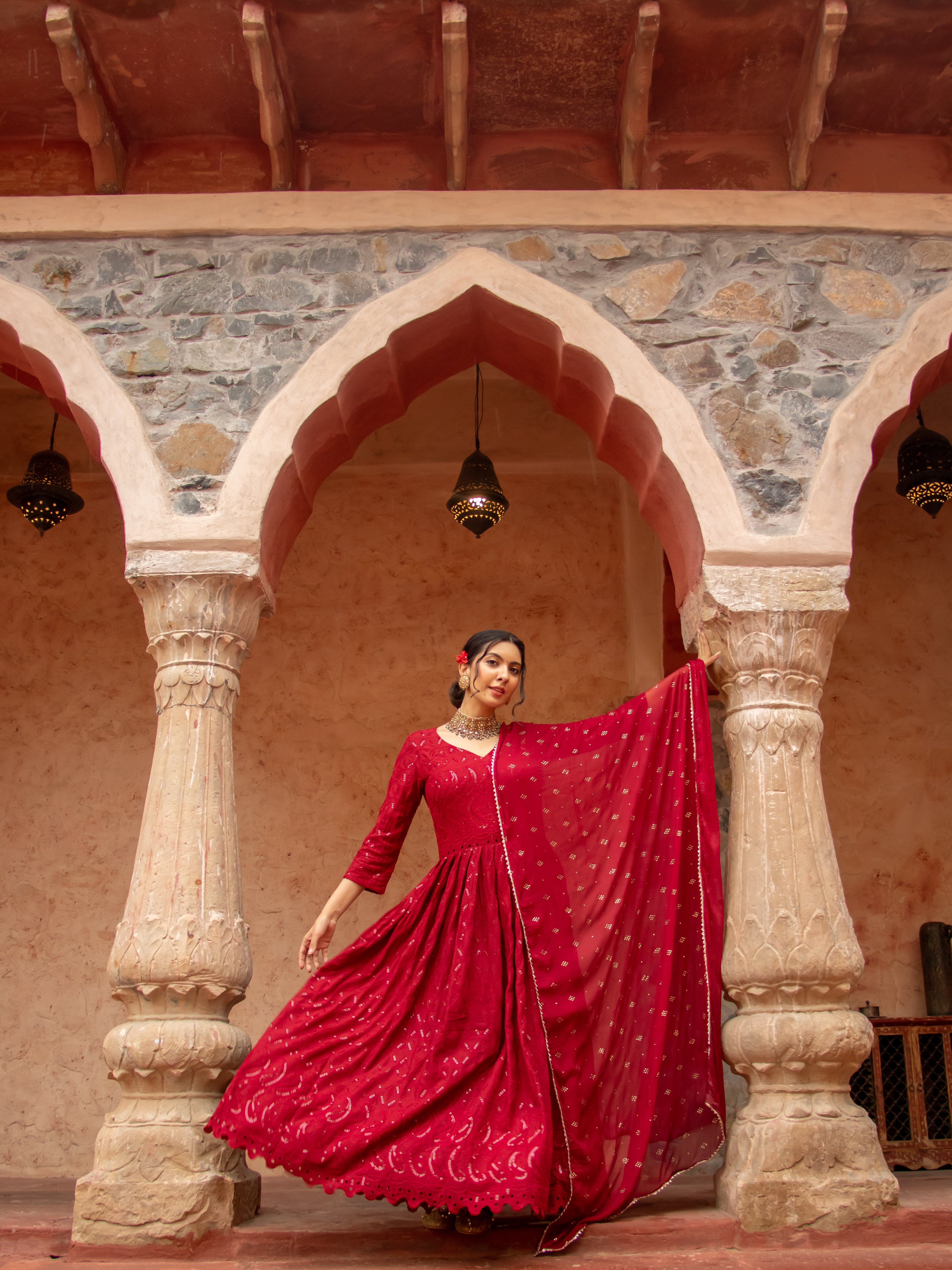 Niki Mehra's Schiffli Chikan Embroidered Rayon Anarkali Set with Sequin Embellishments & Handwork Dupatta"