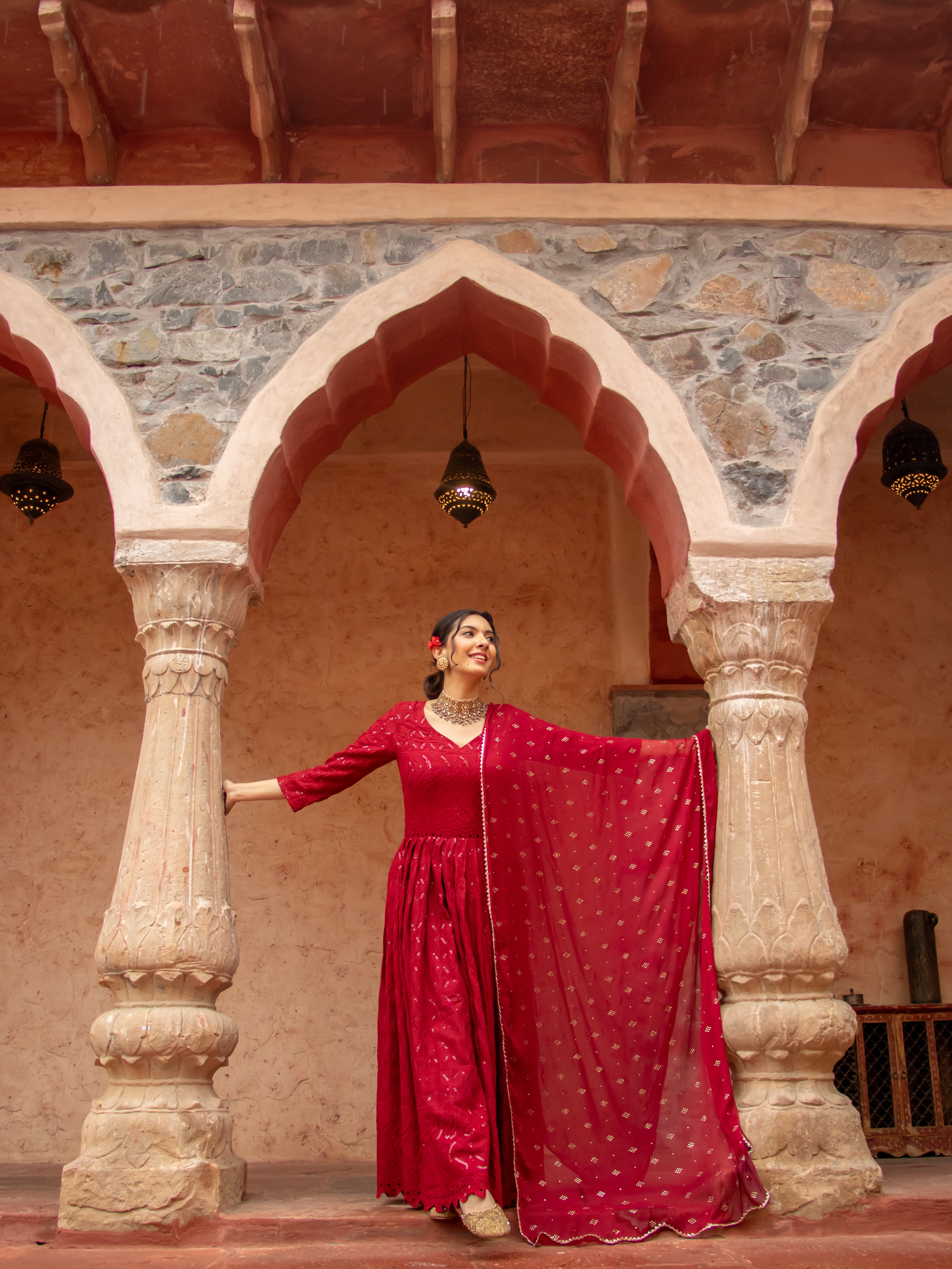 Niki Mehra's Schiffli Chikan Embroidered Rayon Anarkali Set with Sequin Embellishments & Handwork Dupatta"