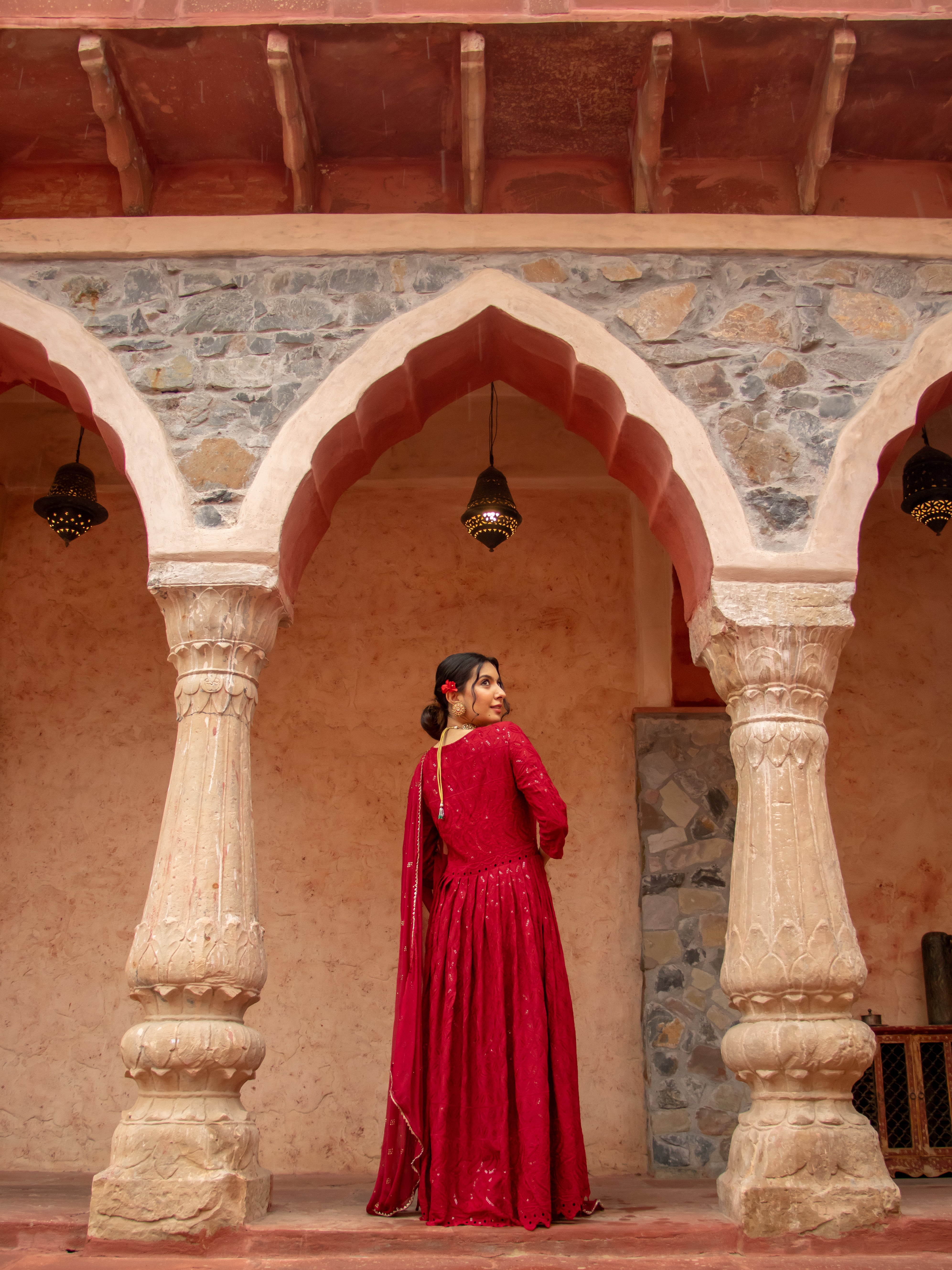 Niki Mehra's Schiffli Chikan Embroidered Rayon Anarkali Set with Sequin Embellishments & Handwork Dupatta"