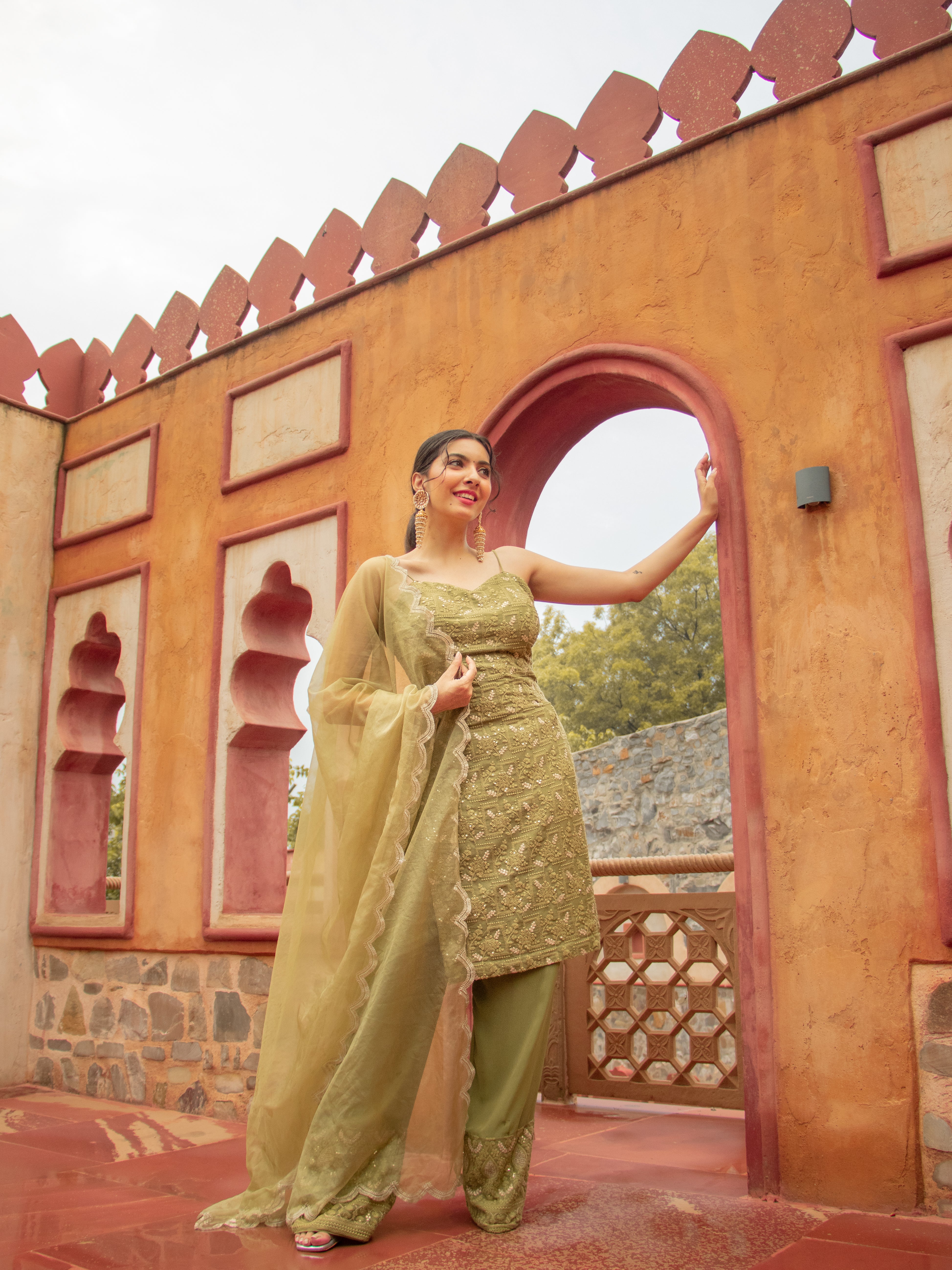 Niki Mehra's georgette chikankari sequin zardozi work embellished Olive set of 3