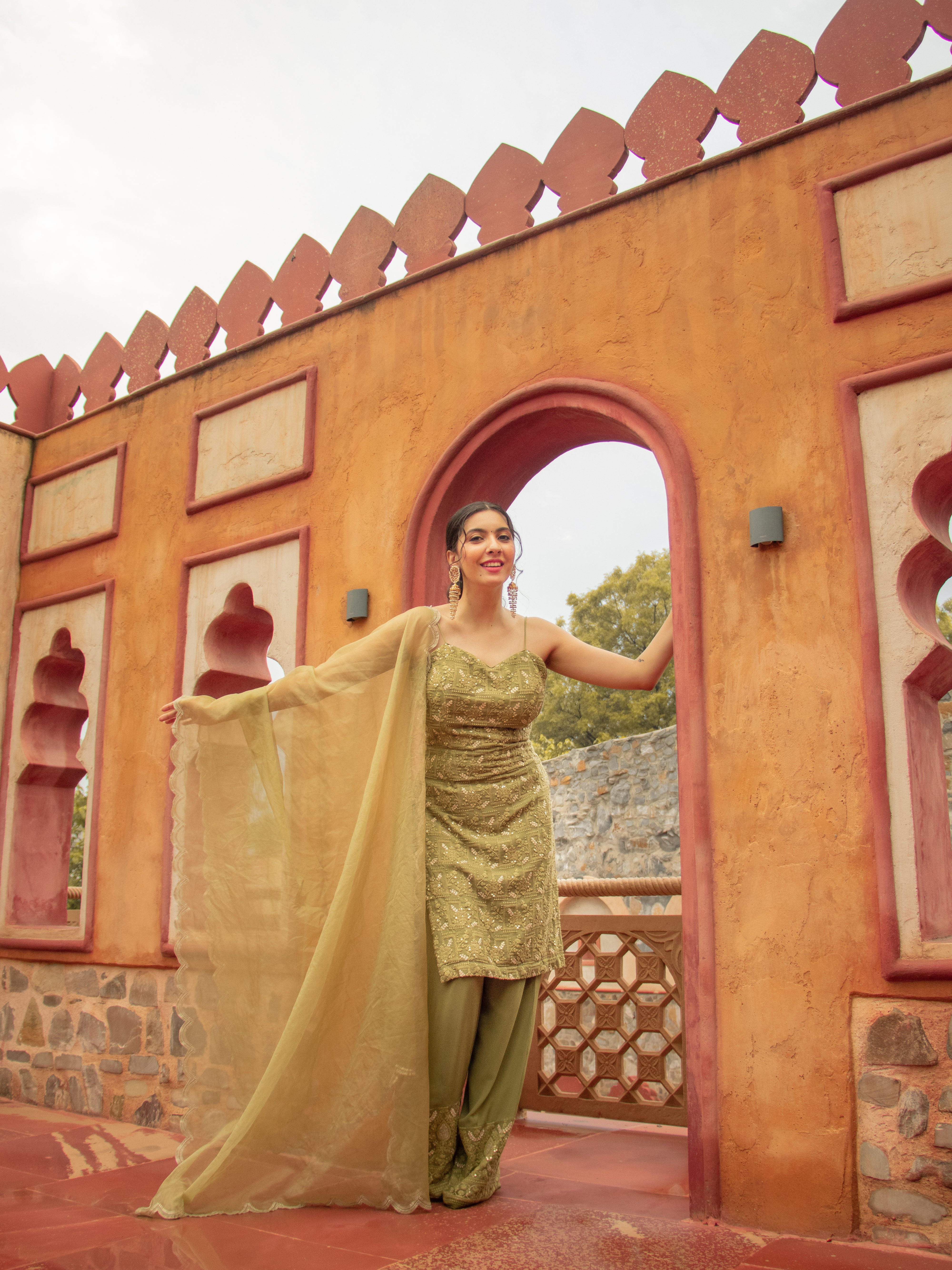 Niki Mehra's georgette chikankari sequin zardozi work embellished Olive set of 3