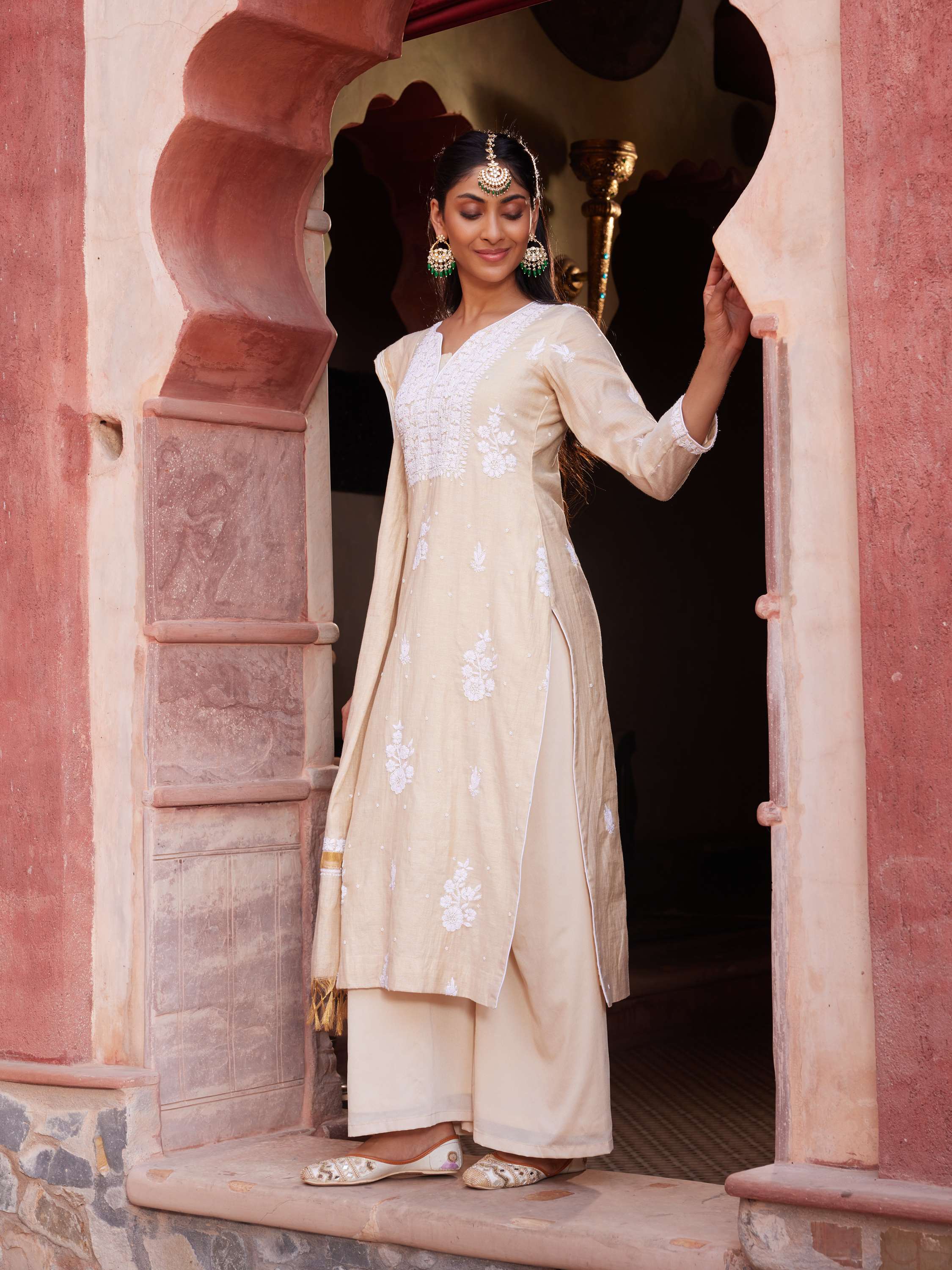 Beige Tissue Silk Chikankari Handcrafted Suit