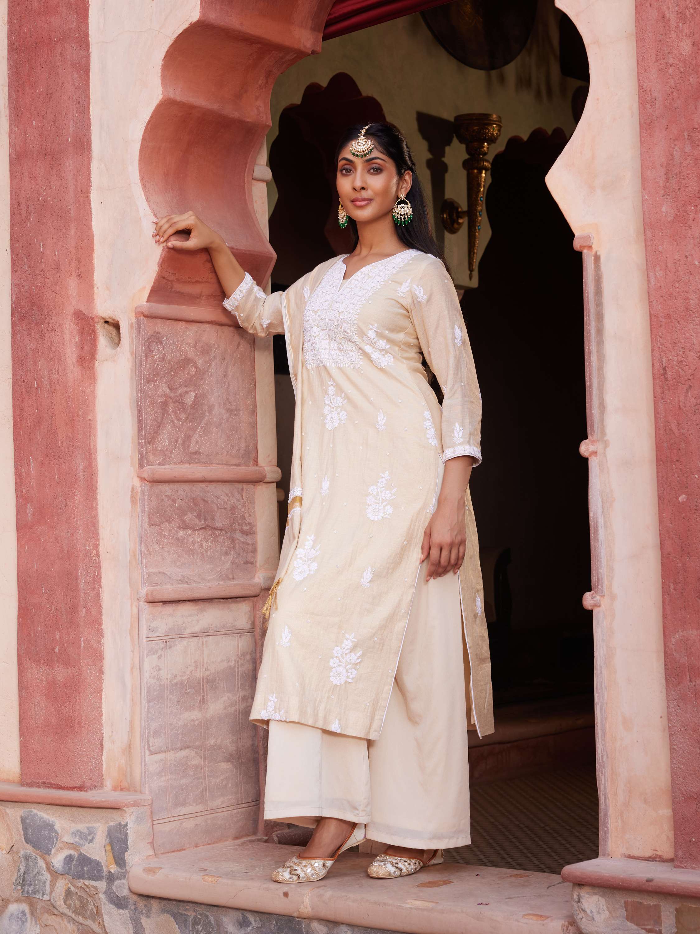 Beige Tissue Silk Chikankari Handcrafted Suit