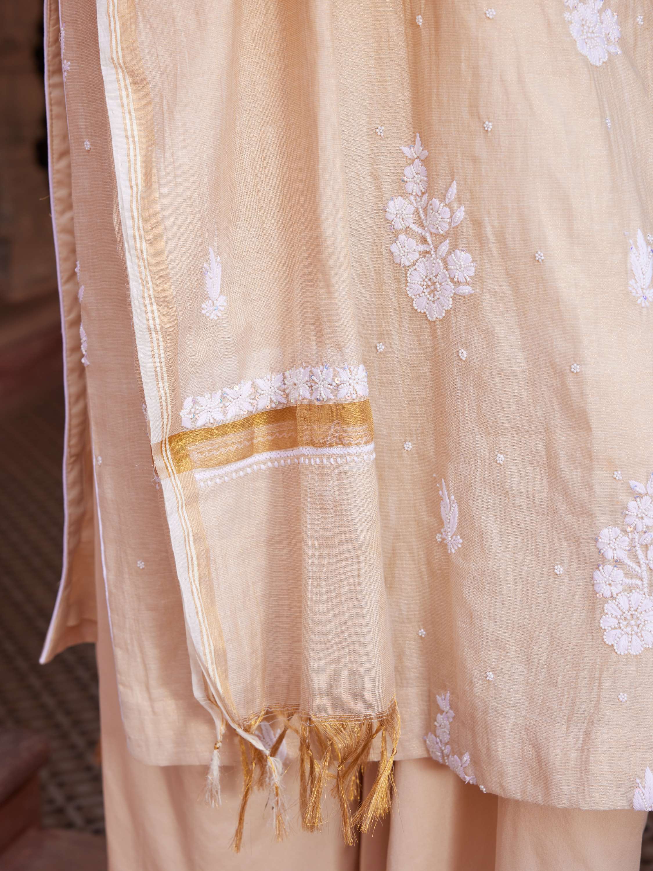 Beige Tissue Silk Chikankari Handcrafted Suit