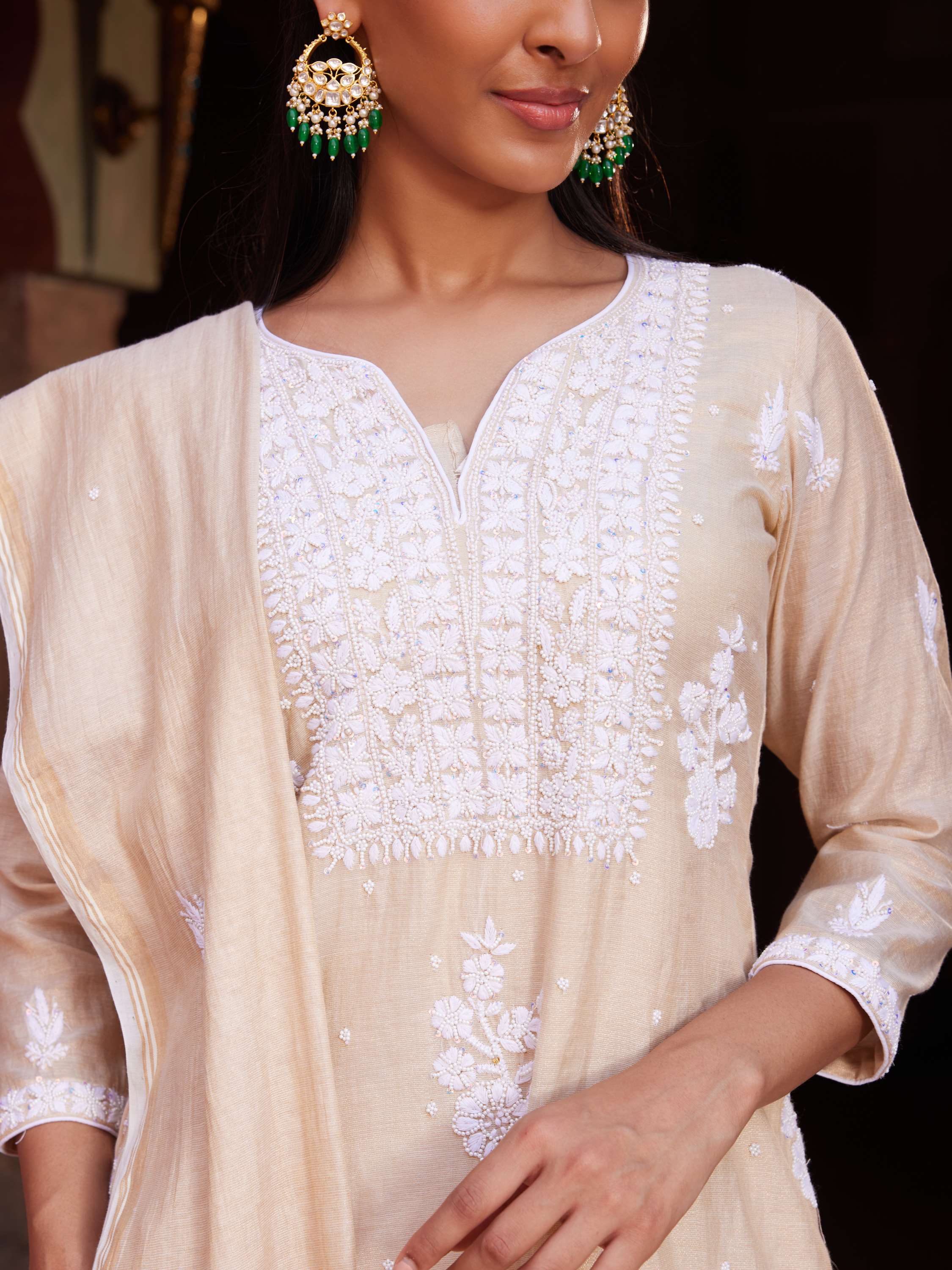 Beige Tissue Silk Chikankari Handcrafted Suit