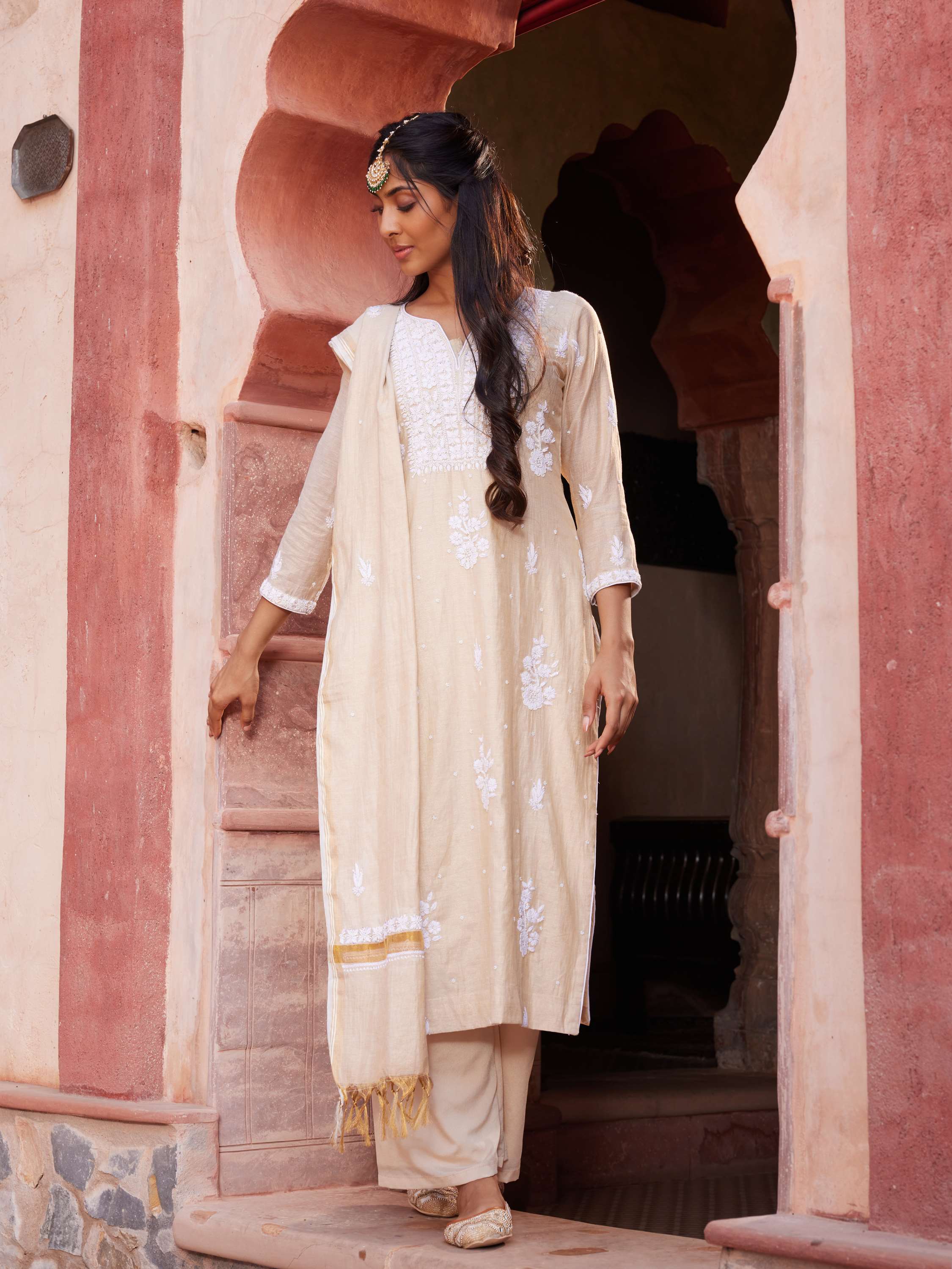 Beige Tissue Silk Chikankari Handcrafted Suit