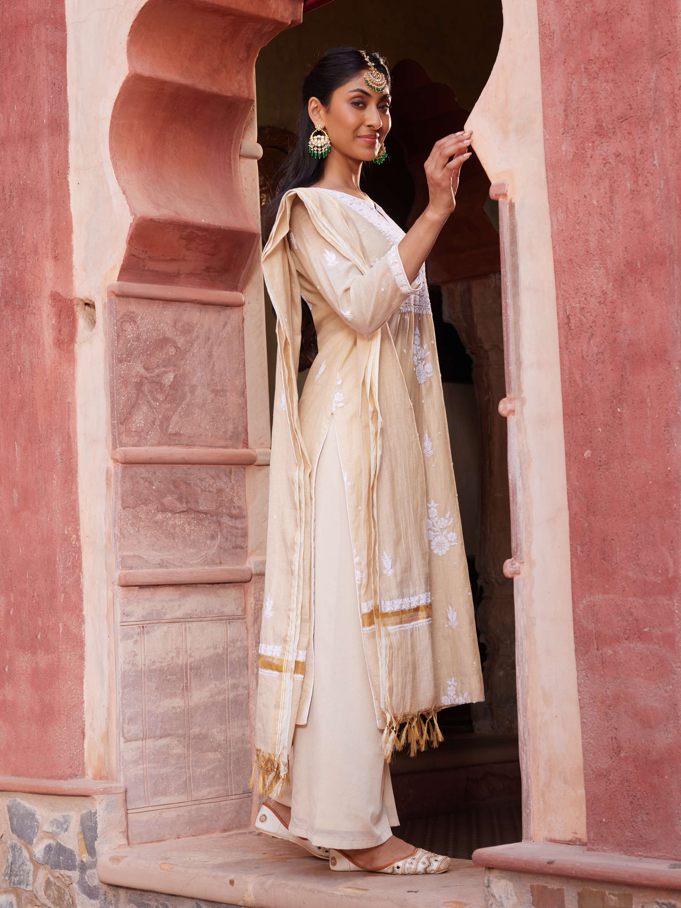 Beige Tissue Silk Chikankari Handcrafted Suit