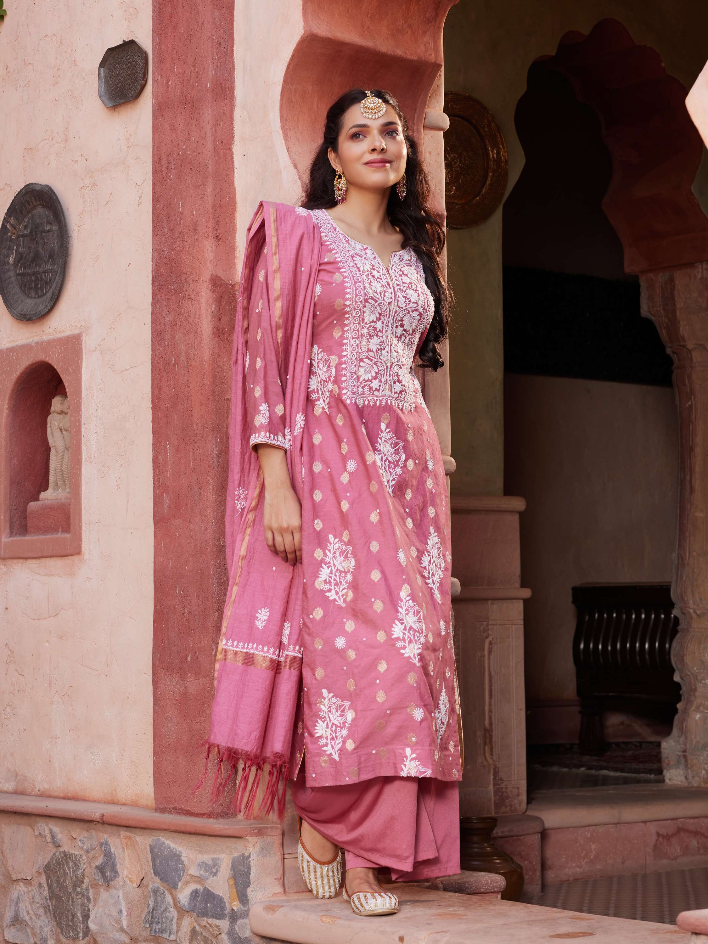 Rose Pink pure chanderi chikankari keel kangan handcrafted suit