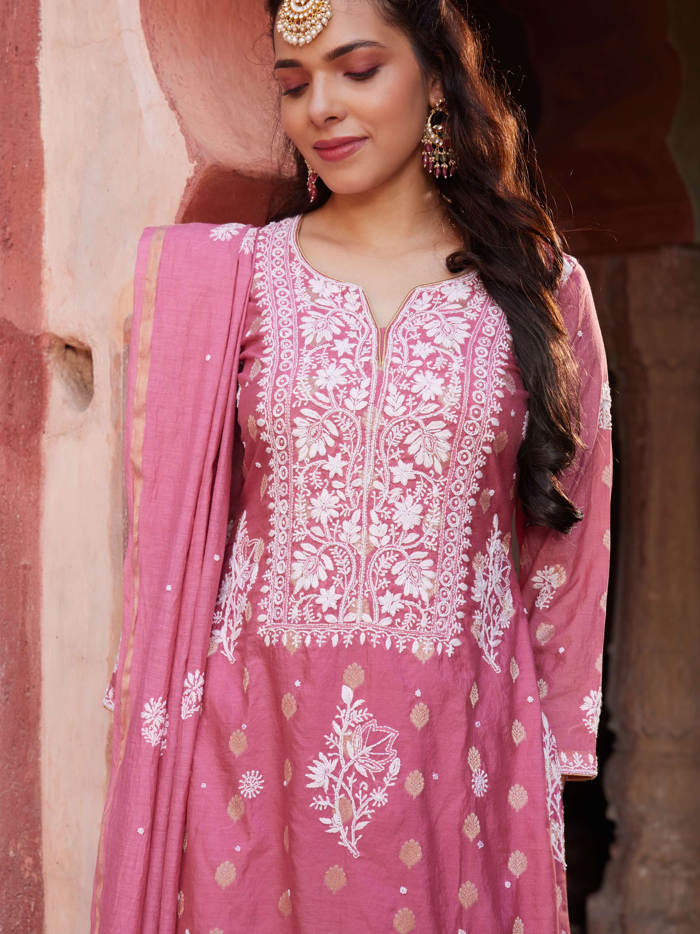 Rose Pink pure chanderi chikankari keel kangan handcrafted suit