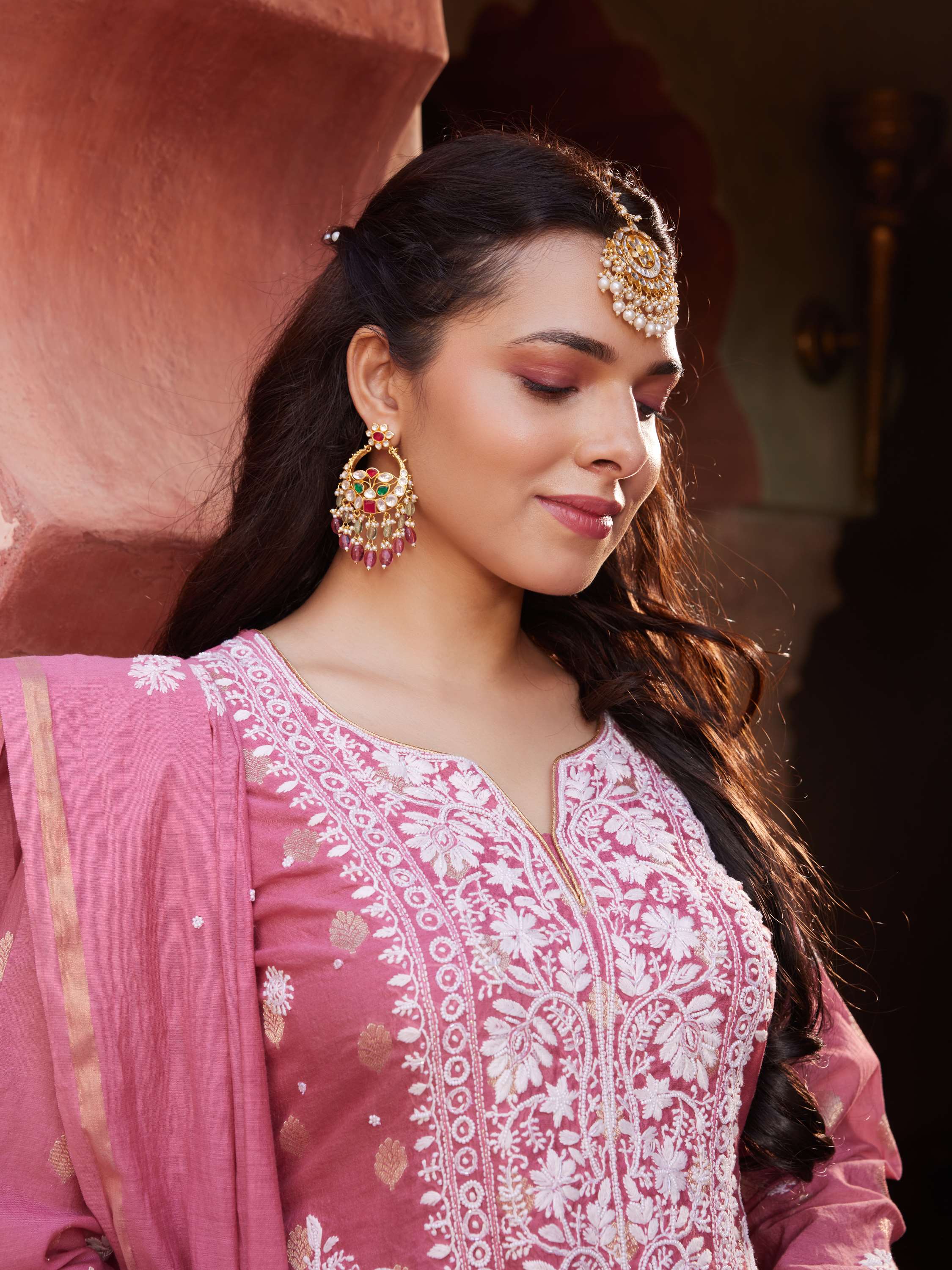 Rose Pink pure chanderi chikankari keel kangan handcrafted suit