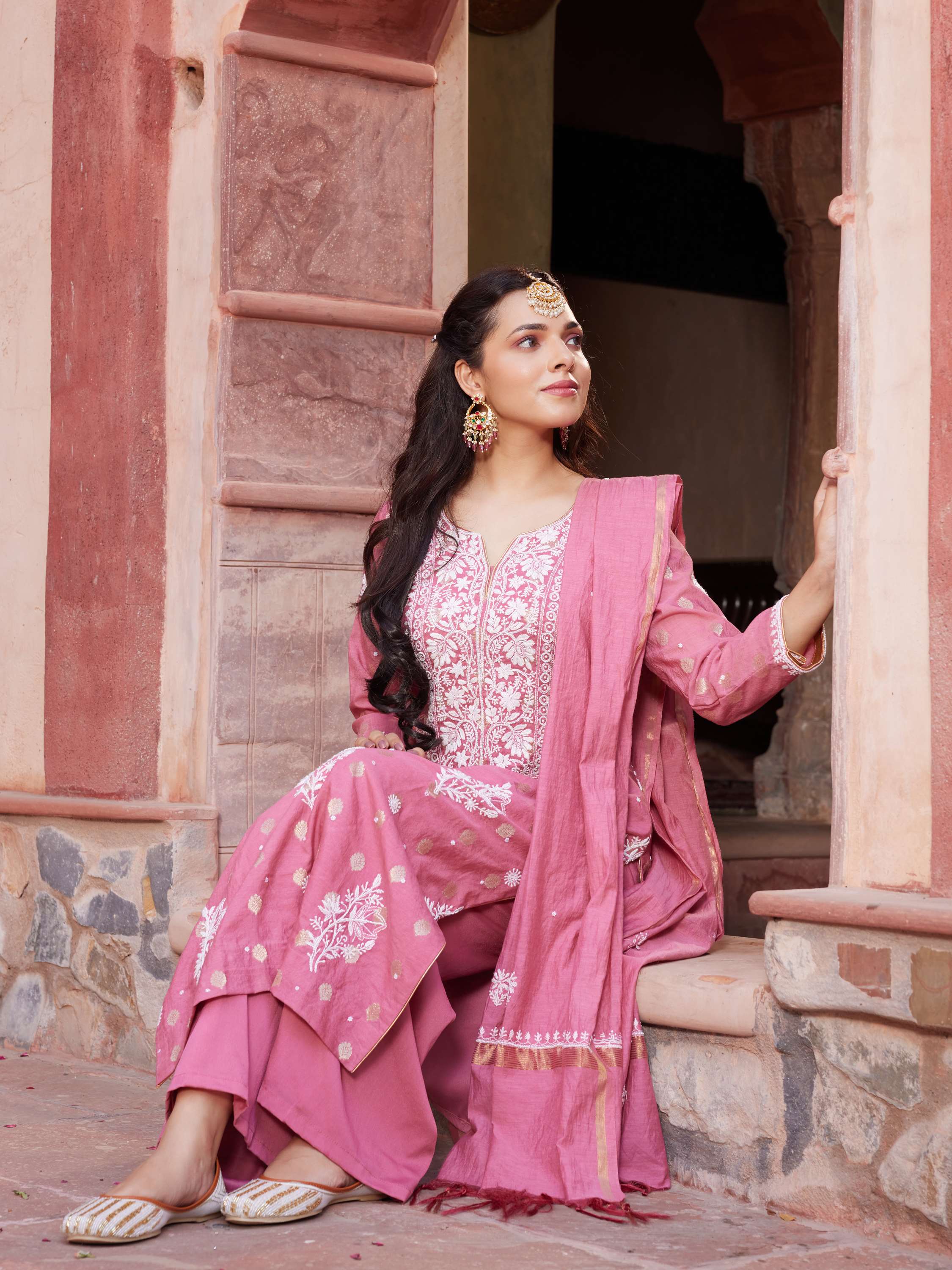 Rose Pink pure chanderi chikankari keel kangan handcrafted suit