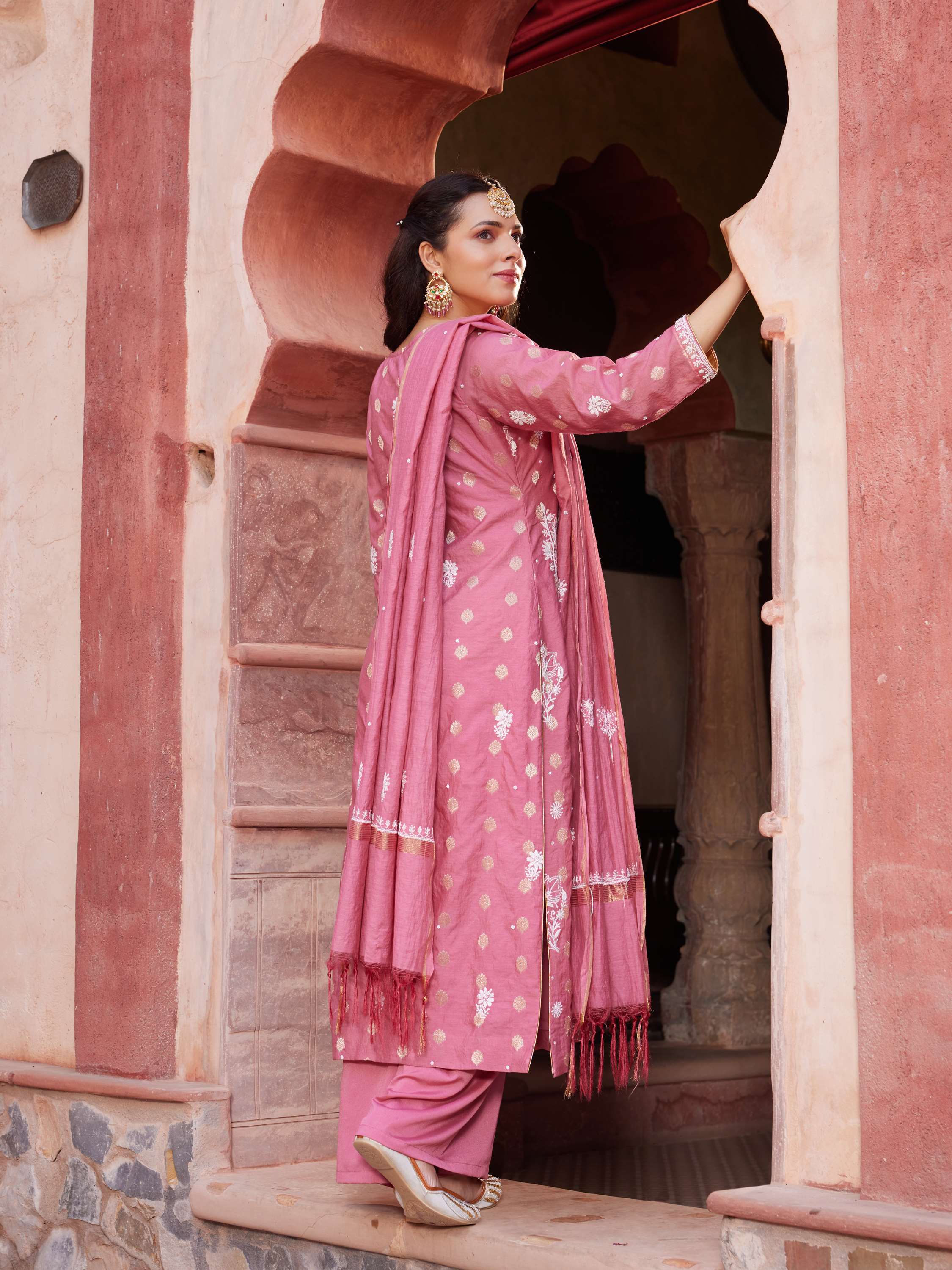 Rose Pink pure chanderi chikankari keel kangan handcrafted suit