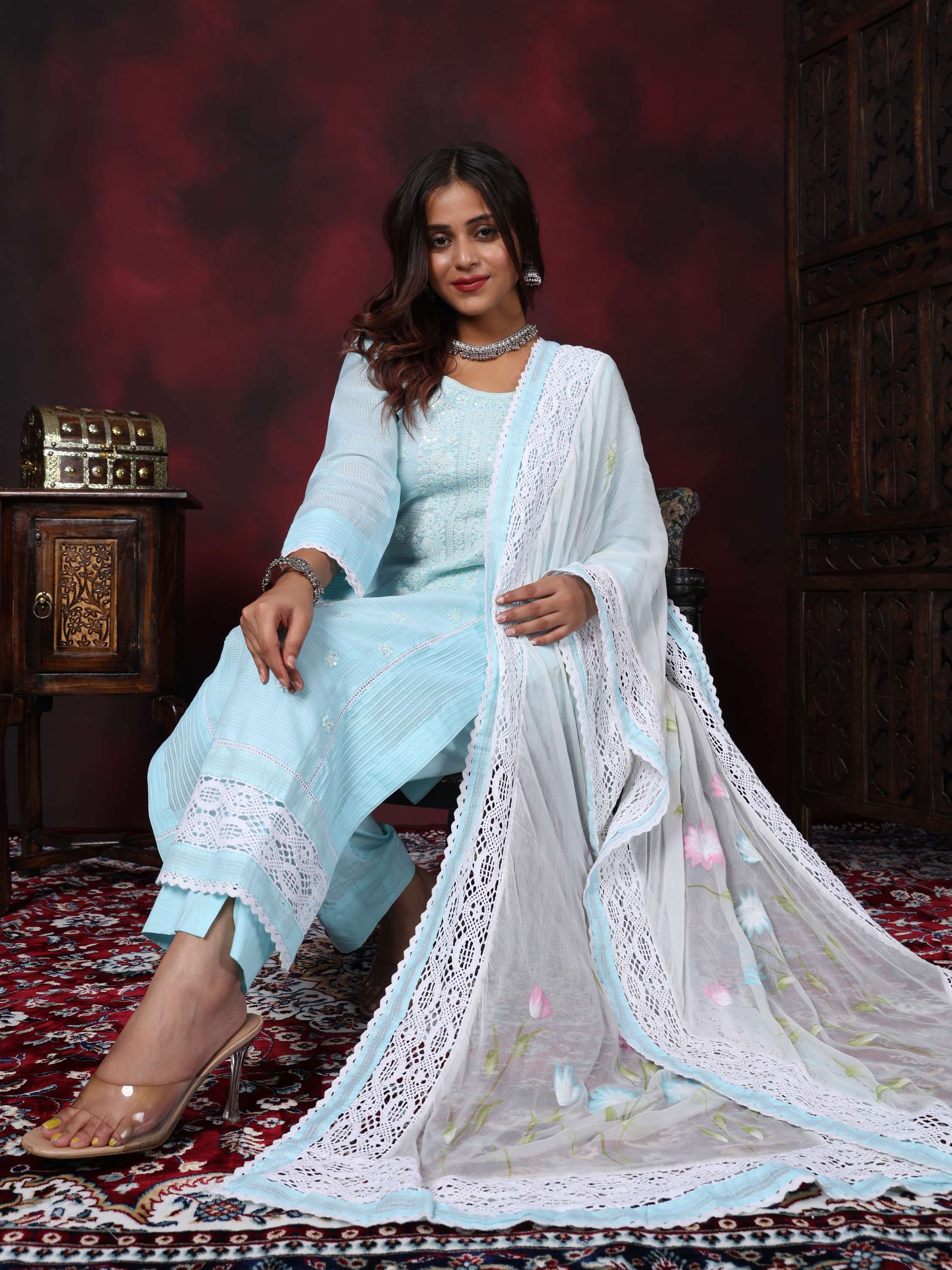 Blue Pure Cotton Schiffly Embroidered Lace work Suit
