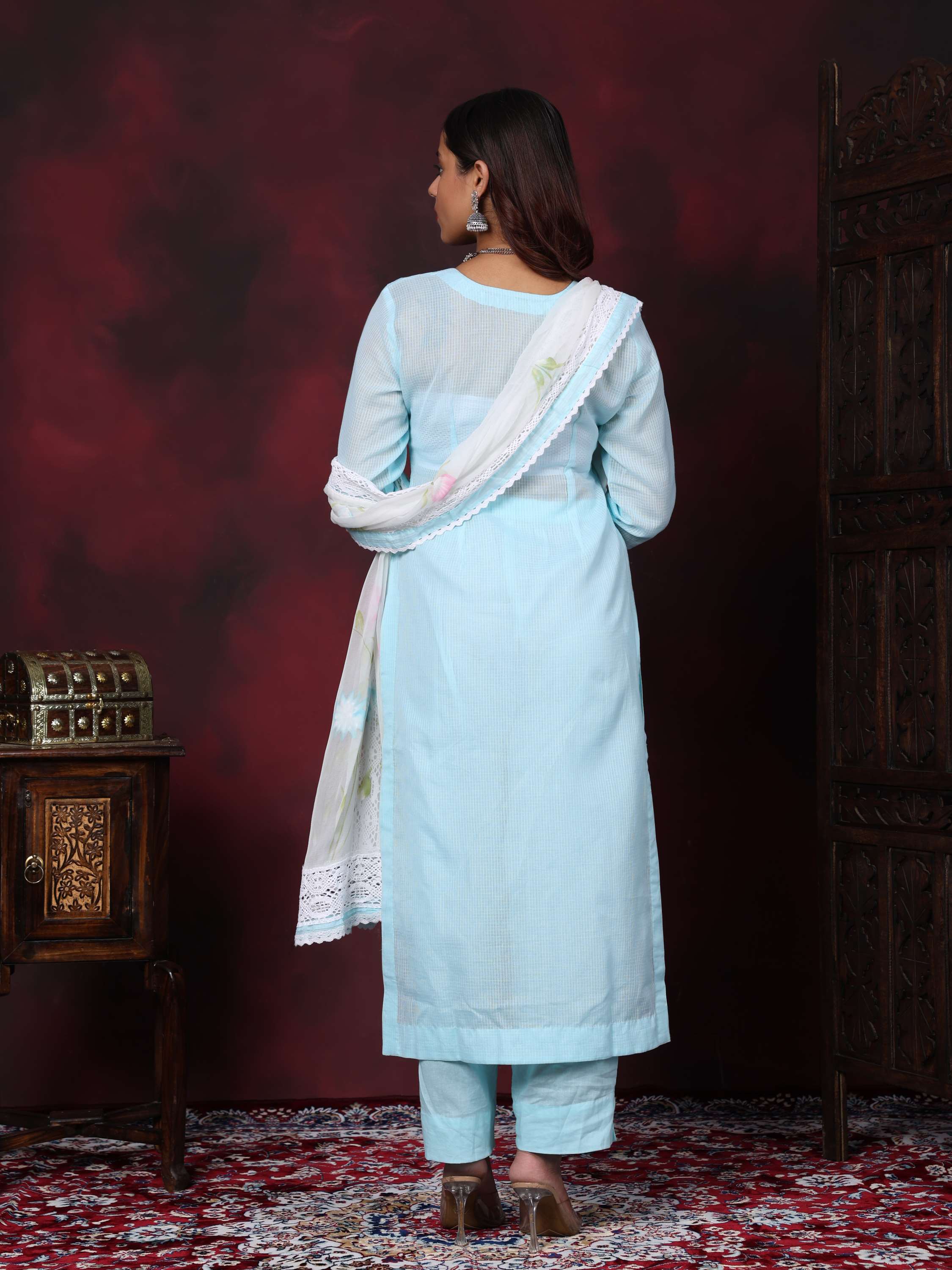Blue Pure Cotton Schiffly Embroidered Lace work Suit