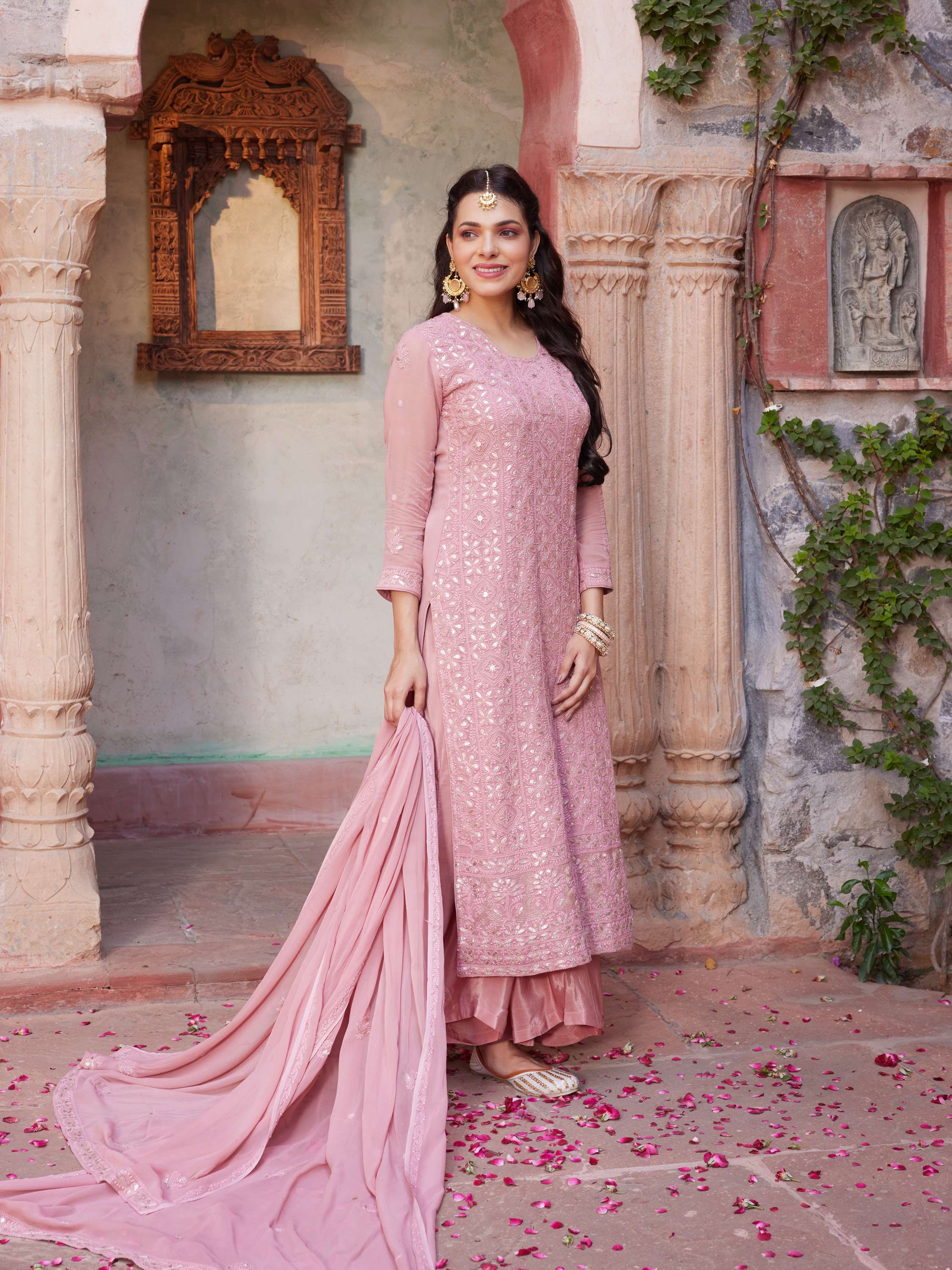 Salmon Rose Gota Handmade Chikankari Suit