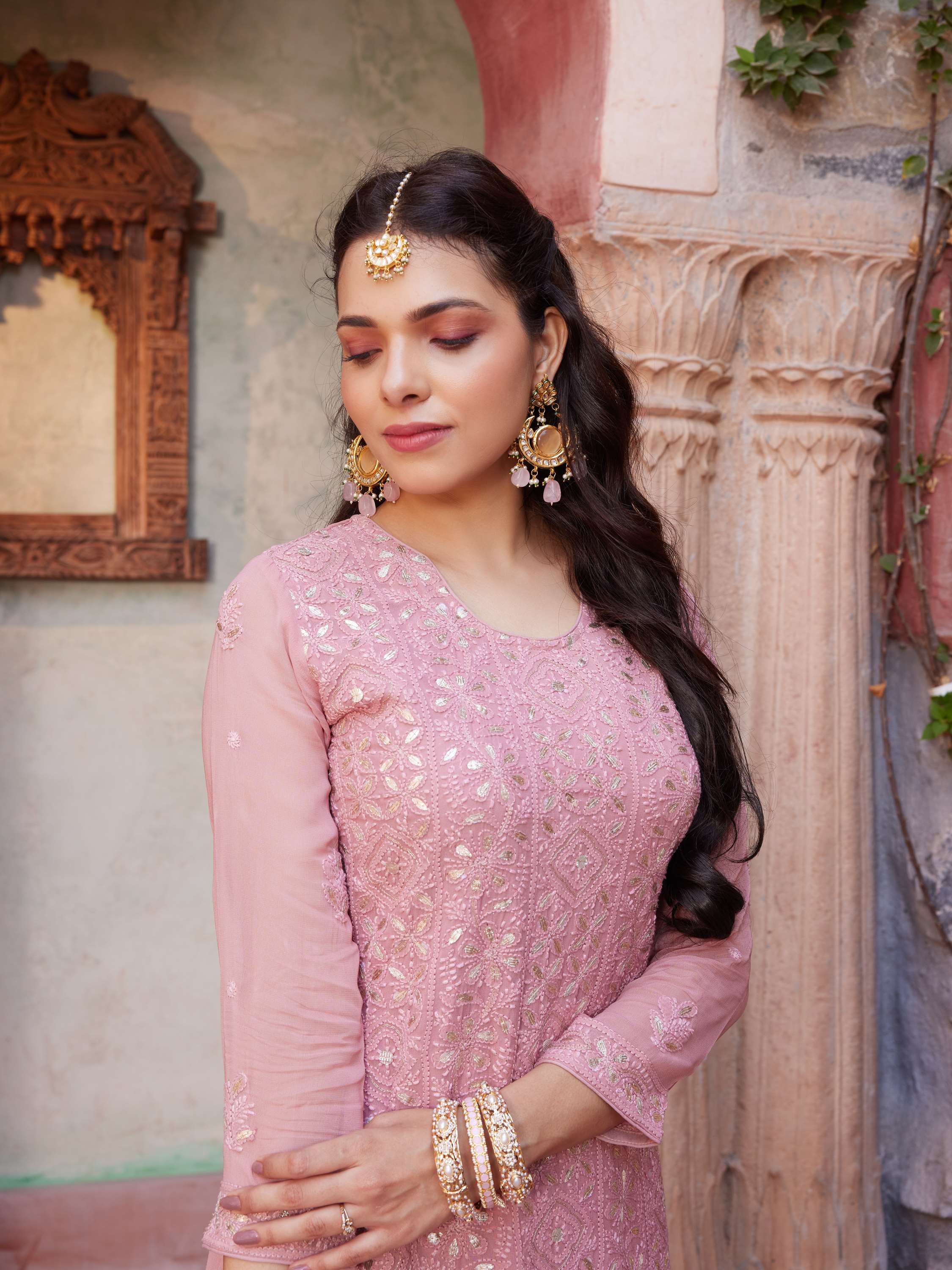 Salmon Rose Gota Handmade Chikankari Suit
