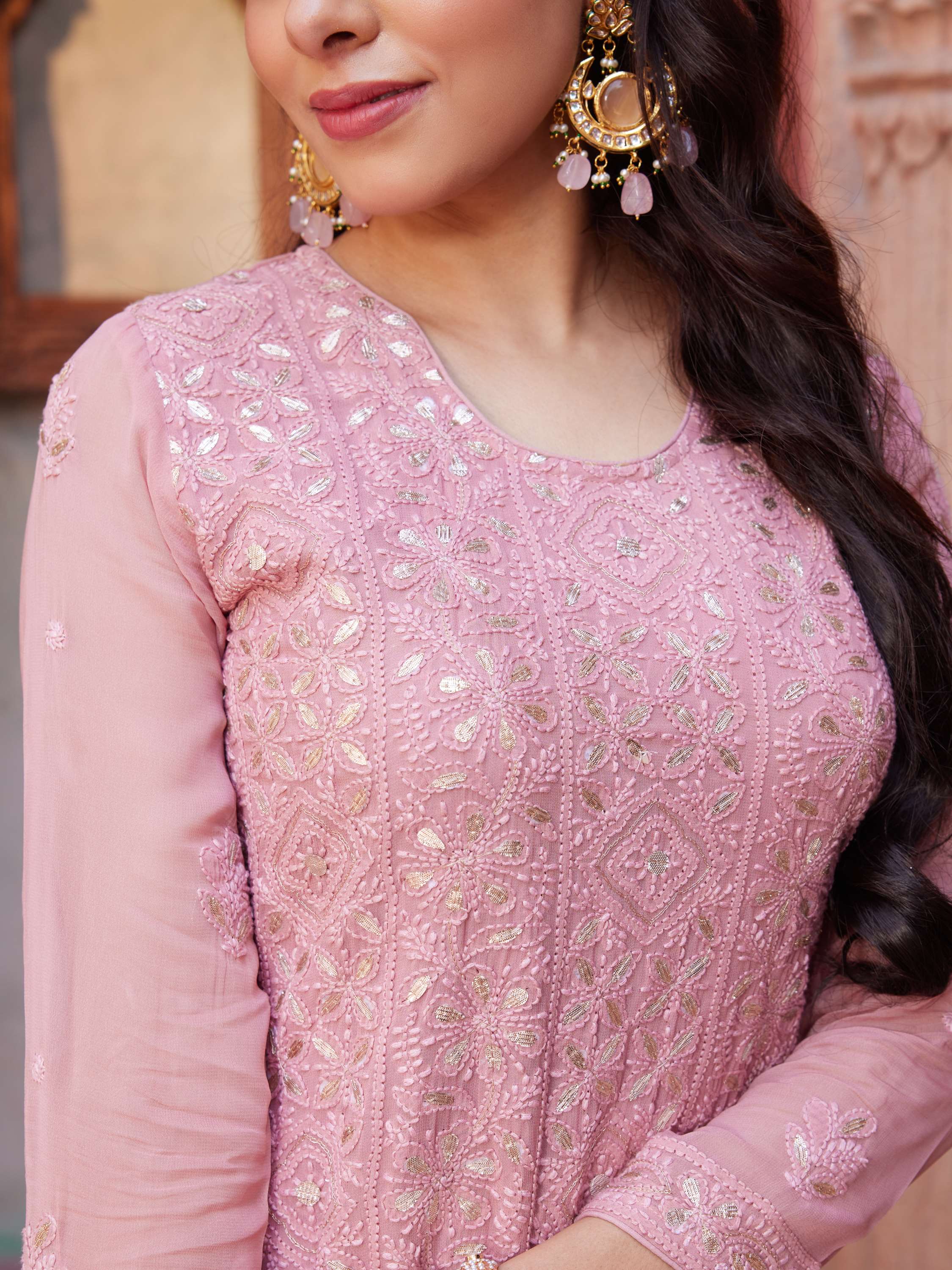 Salmon Rose Gota Handmade Chikankari Suit
