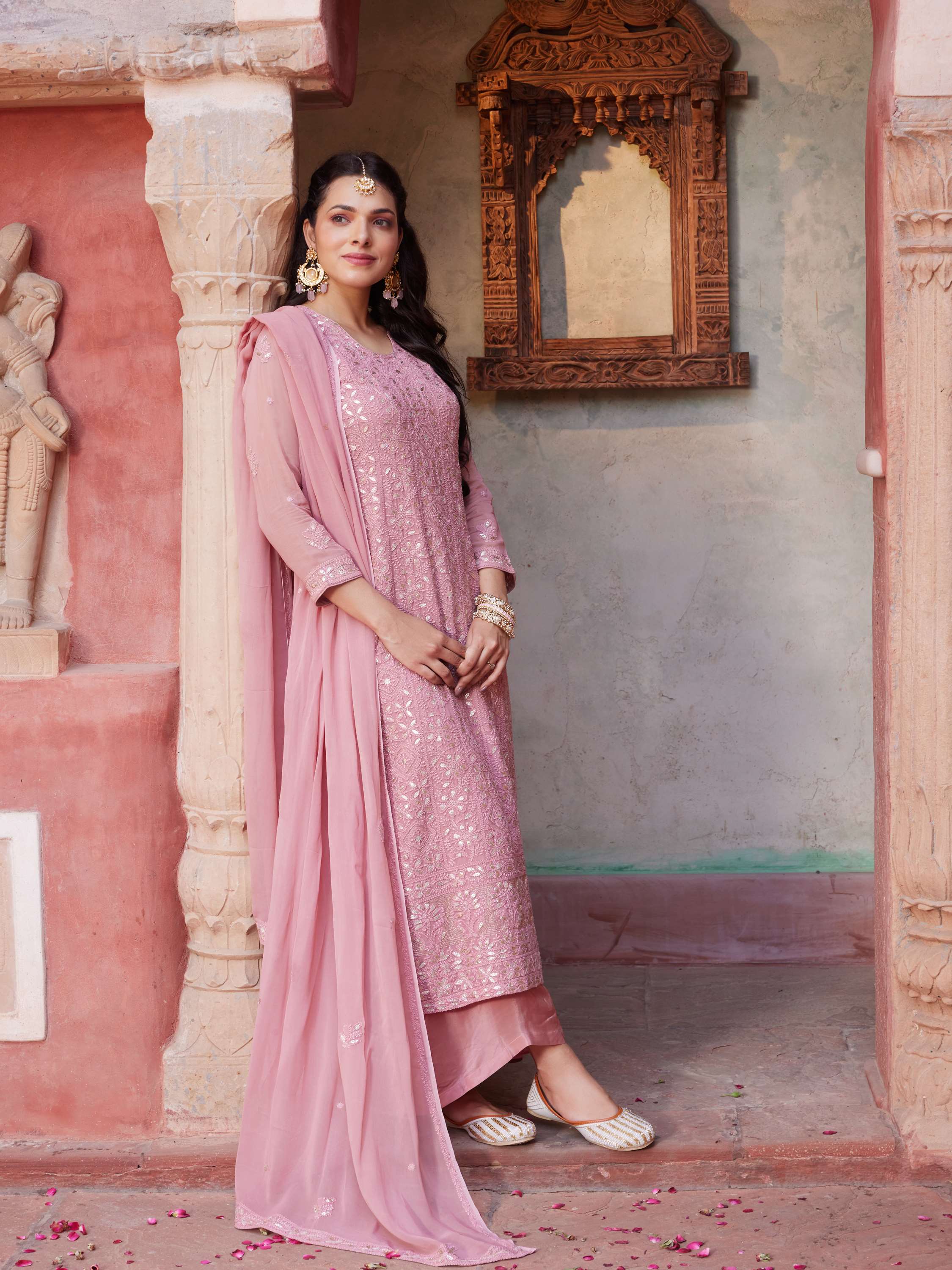 Salmon Rose Gota Handmade Chikankari Suit