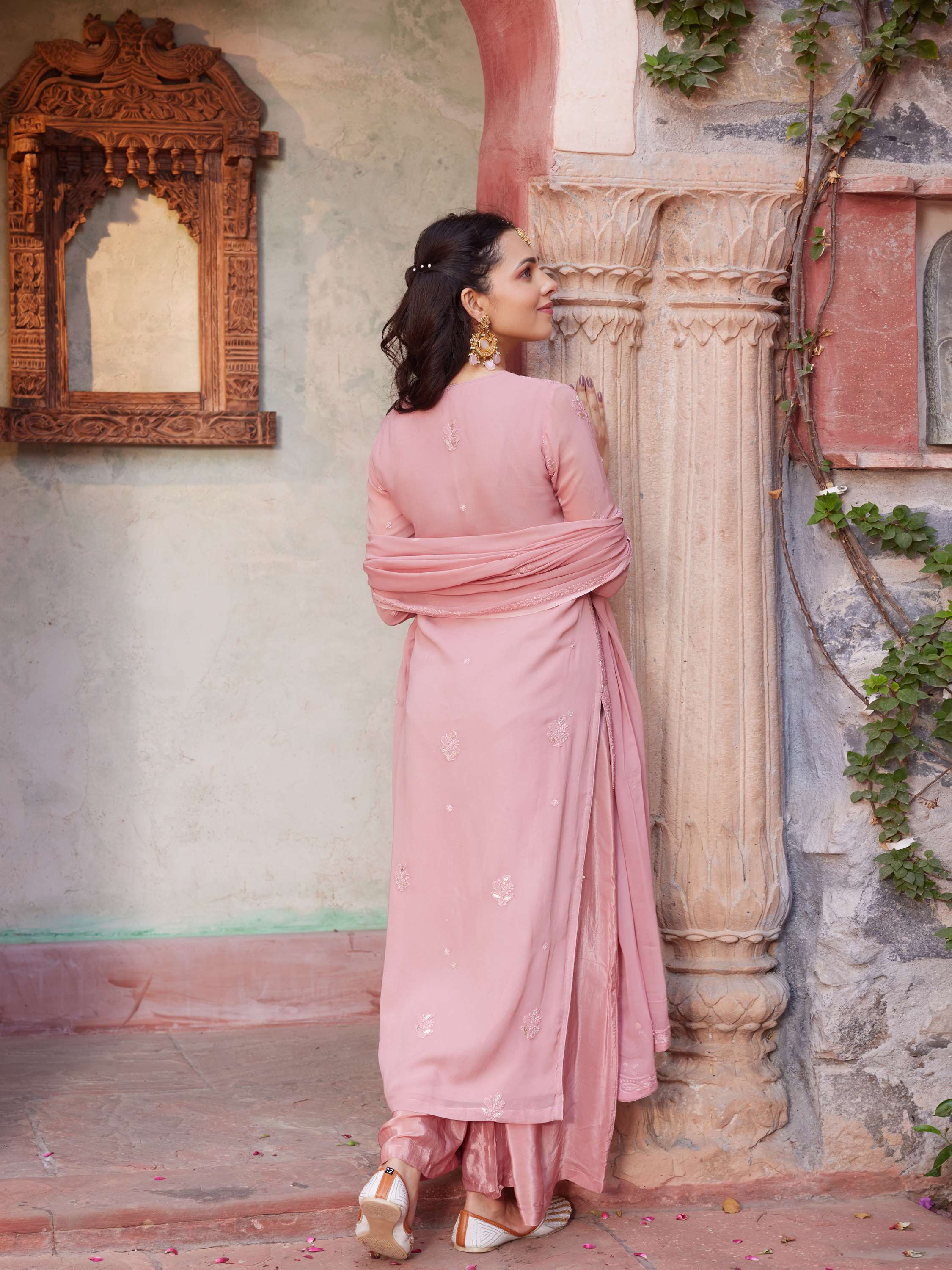 Salmon Rose Gota Handmade Chikankari Suit