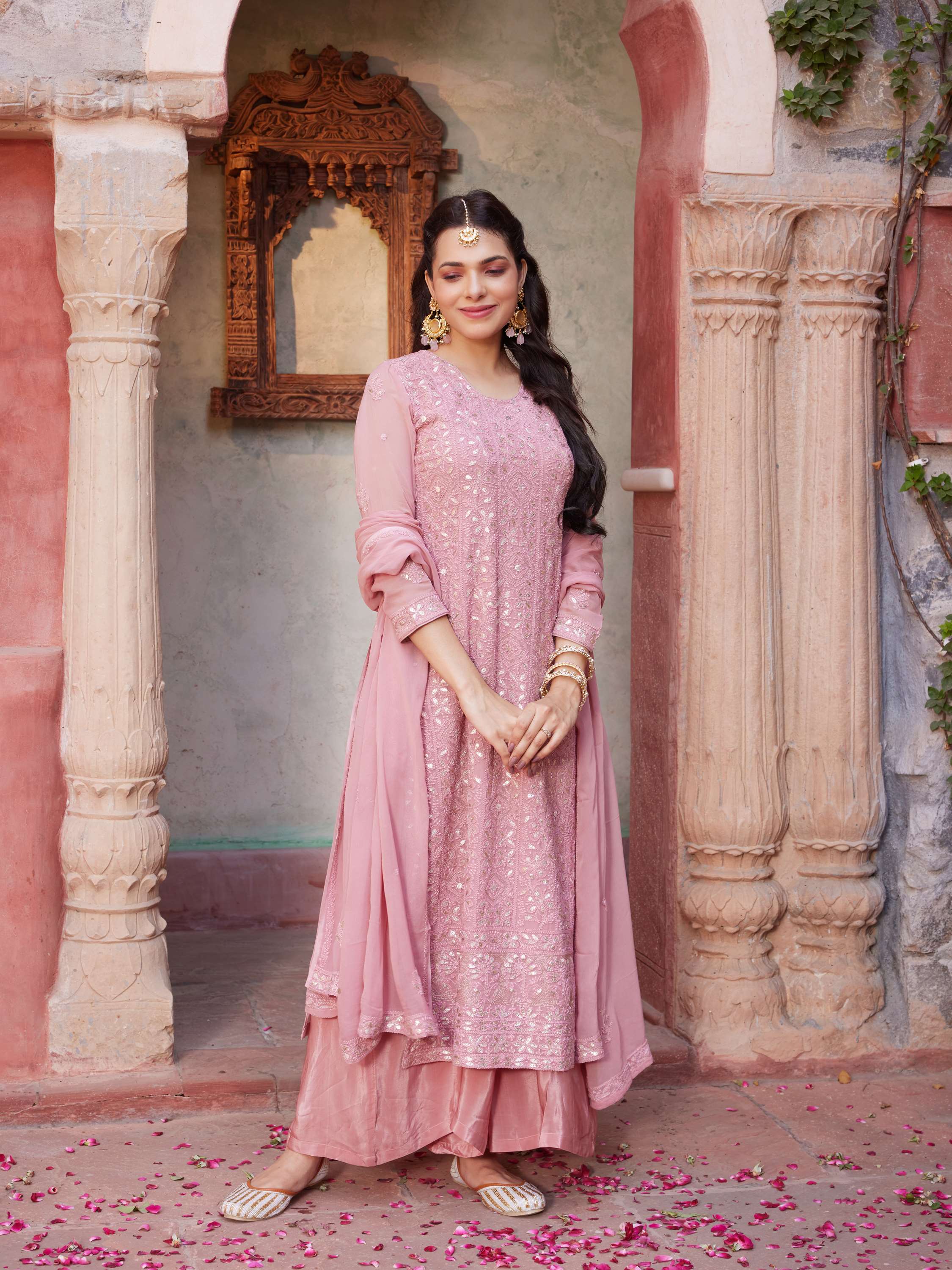 Salmon Rose Gota Handmade Chikankari Suit