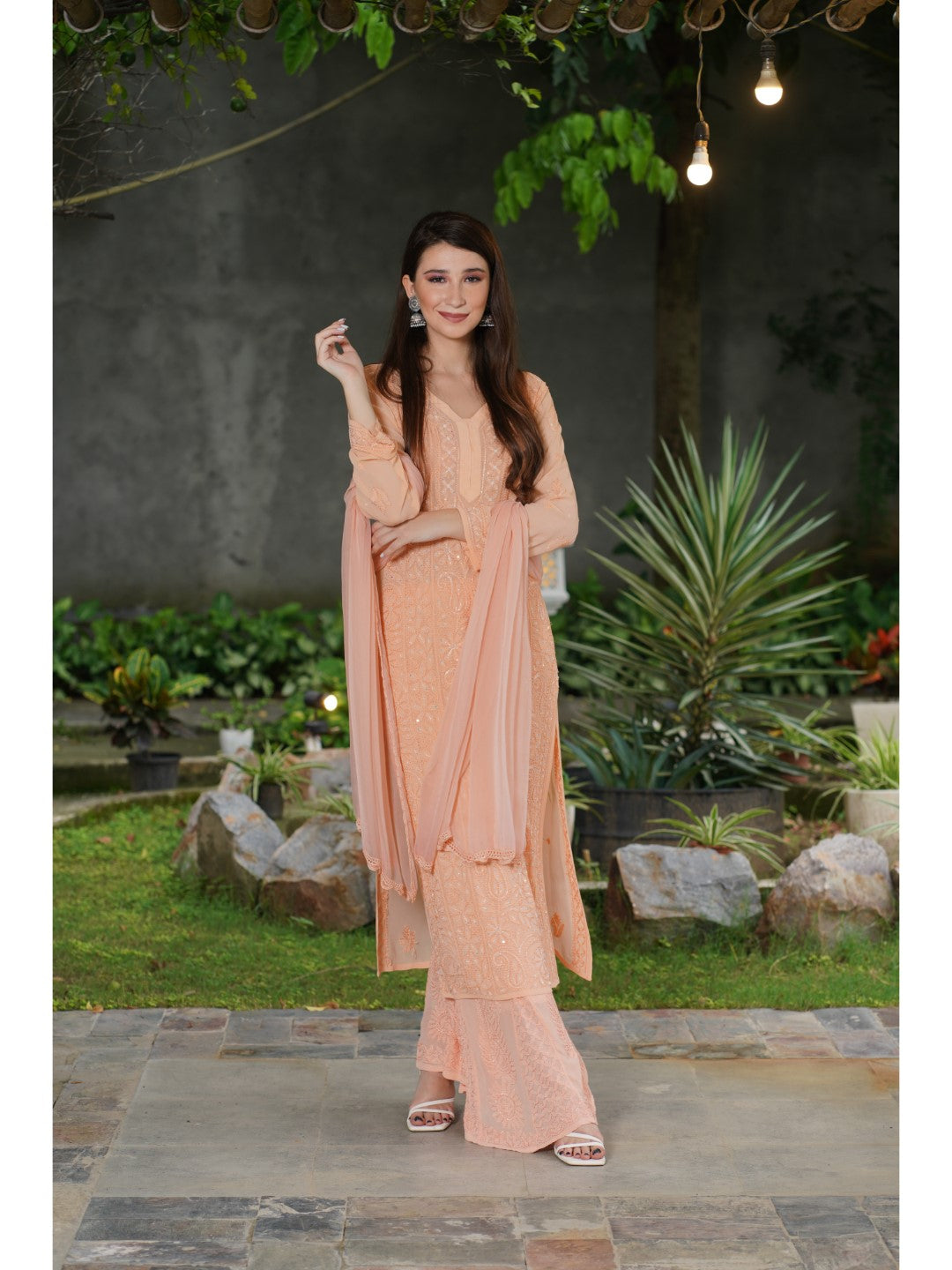 Saadgi hand embroidered chikankari pearl work with sequin peach premium suit set with dupatta(set of 3)