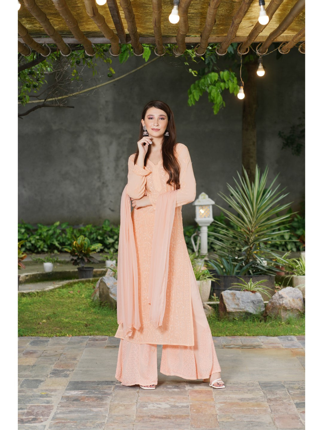 Saadgi hand embroidered chikankari pearl work with sequin peach premium suit set with dupatta(set of 3)