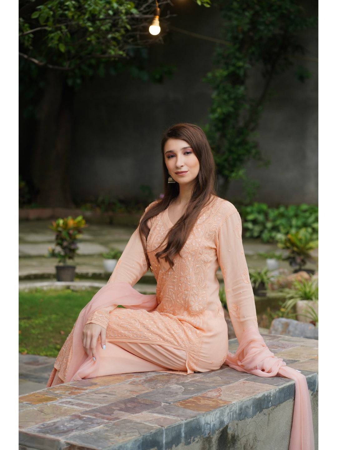 Saadgi hand embroidered chikankari pearl work with sequin peach premium suit set with dupatta(set of 3)