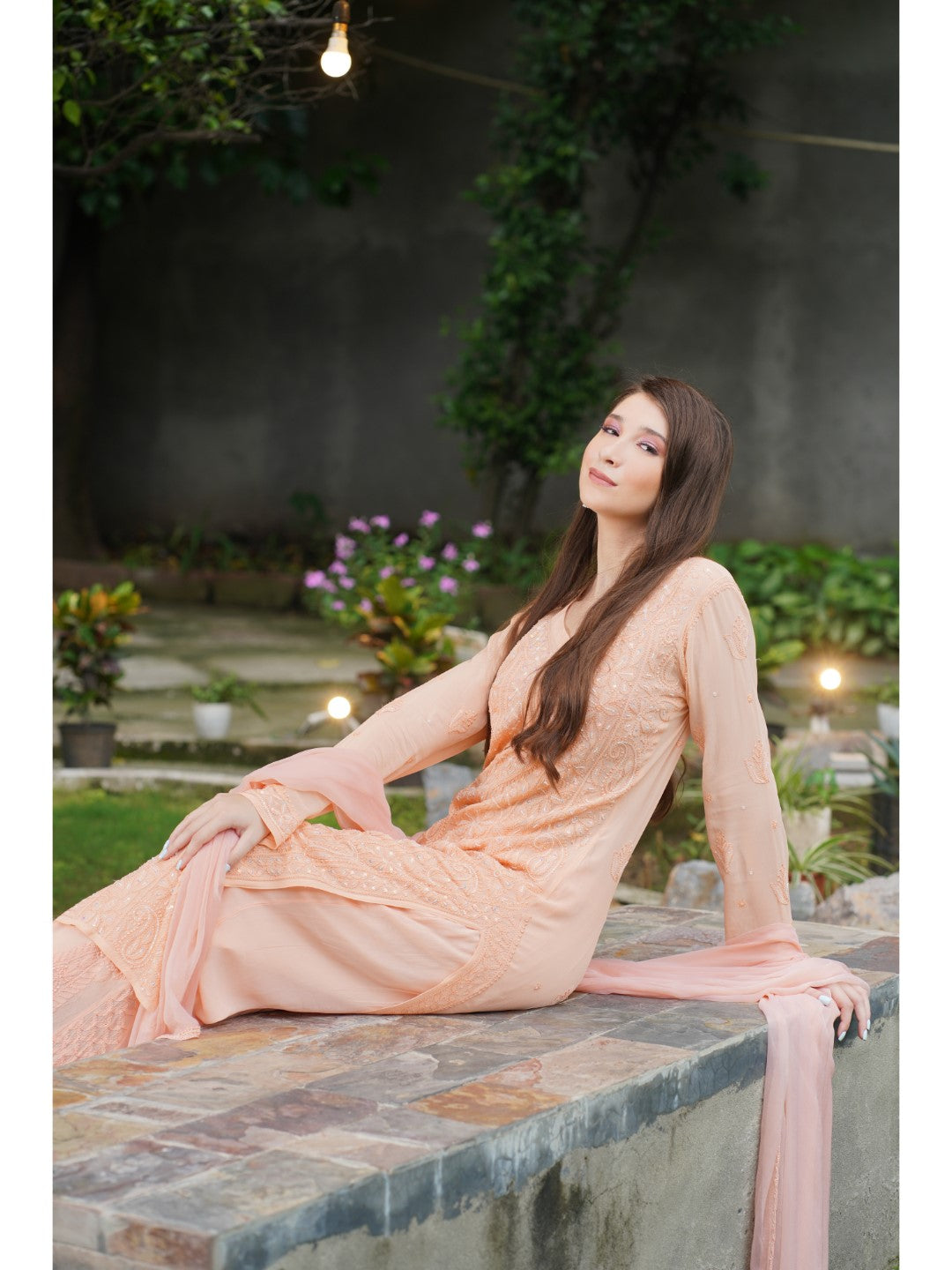 Saadgi hand embroidered chikankari pearl work with sequin peach premium suit set with dupatta(set of 3)