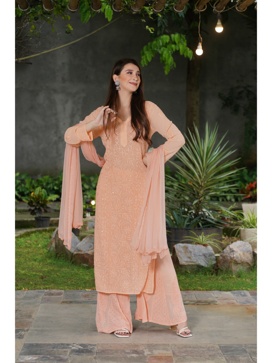 Saadgi hand embroidered chikankari pearl work with sequin peach premium suit set with dupatta(set of 3)
